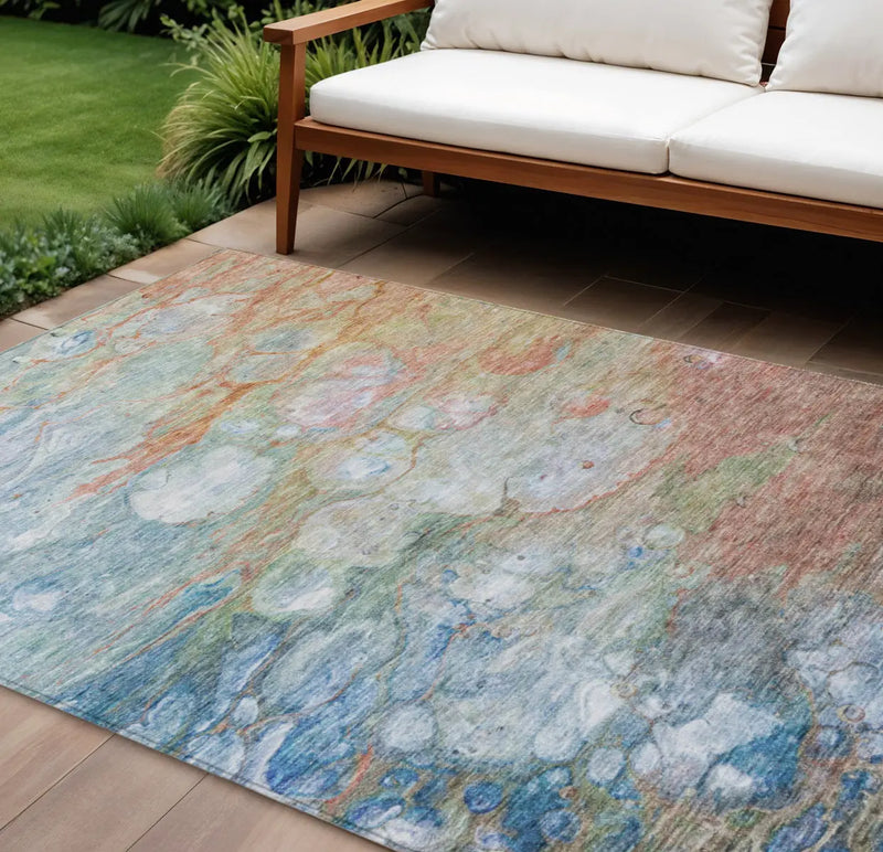 10' X 14' Copper Blue And Artichoke Green Abstract Washable Indoor Outdoor Area Rug Homeroots Outdoor