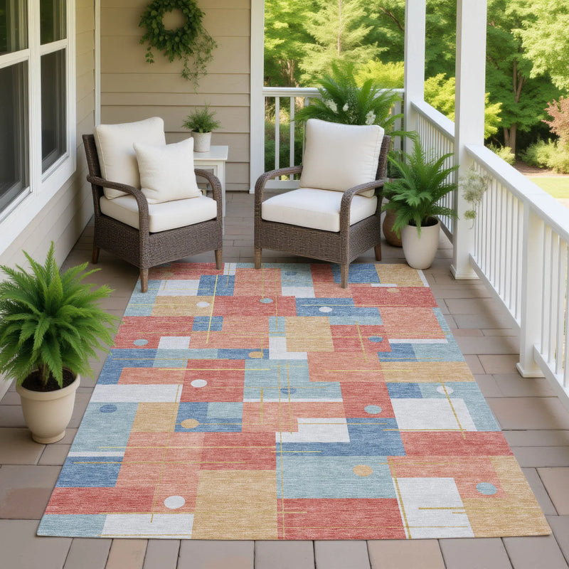 10' X 14' Coral And Brown Geometric Washable Indoor Outdoor Area Rug Homeroots Outdoor