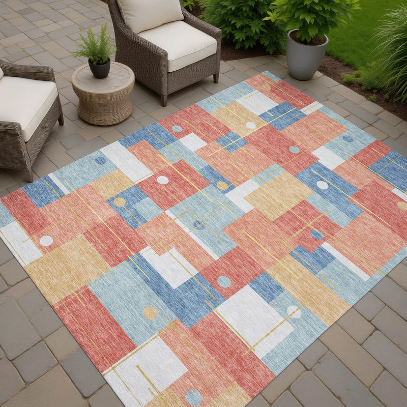10' X 14' Coral And Brown Geometric Washable Indoor Outdoor Area Rug Homeroots Outdoor