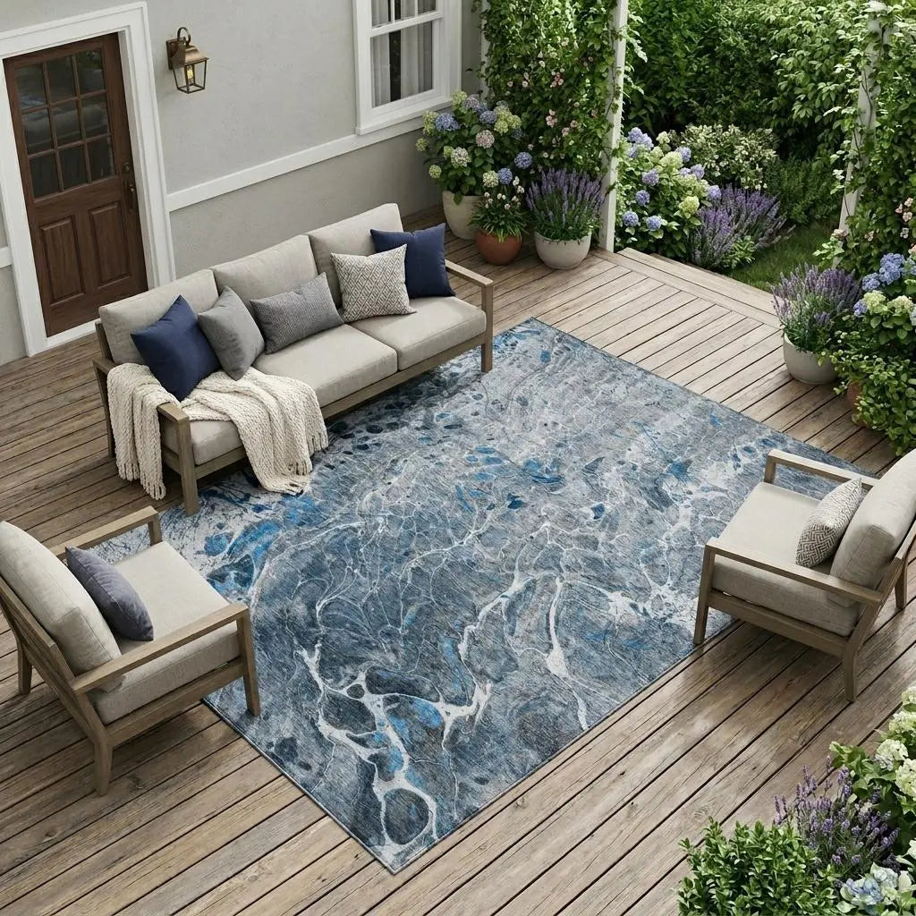 10' X 14' Denim Blue And Blue Abstract Washable Indoor Outdoor Area Rug Homeroots Outdoor