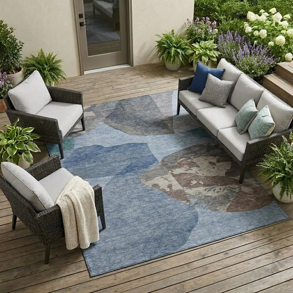 10' X 14' Denim Blue And Blue Abstract Washable Indoor Outdoor Area Rug Homeroots Outdoor