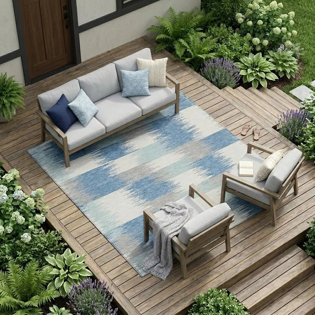 10' X 14' Denim Blue And Blue Geometric Washable Indoor Outdoor Area Rug Homeroots Outdoor