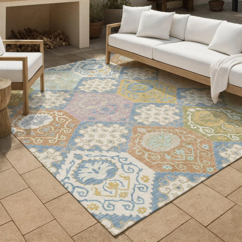 10' X 14' Denim Blue And Ivory Geometric Washable Indoor Outdoor Area Rug Homeroots Outdoor