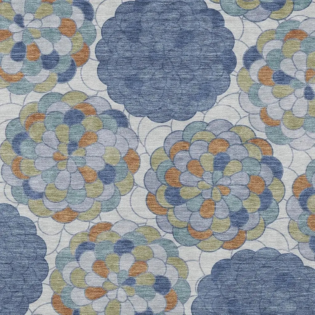 10' X 14' Denim Blue And Silver Floral Washable Indoor Outdoor Area Rug Homeroots Outdoor