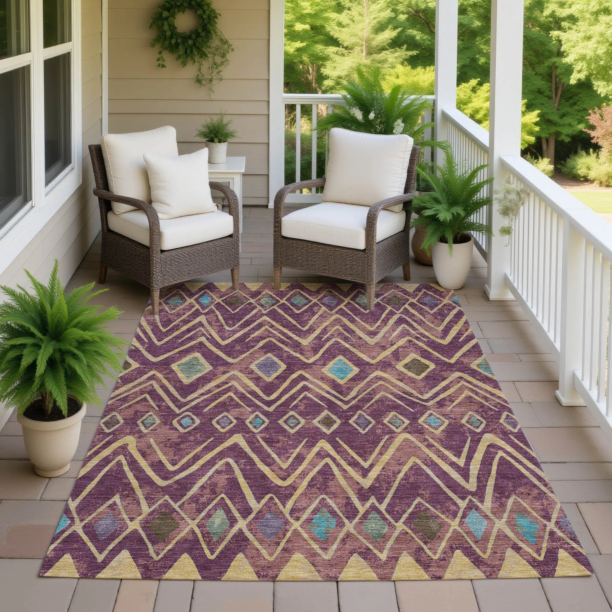 10' X 14' Eggplant And Blue Geometric Washable Indoor Outdoor Area Rug Homeroots Outdoor