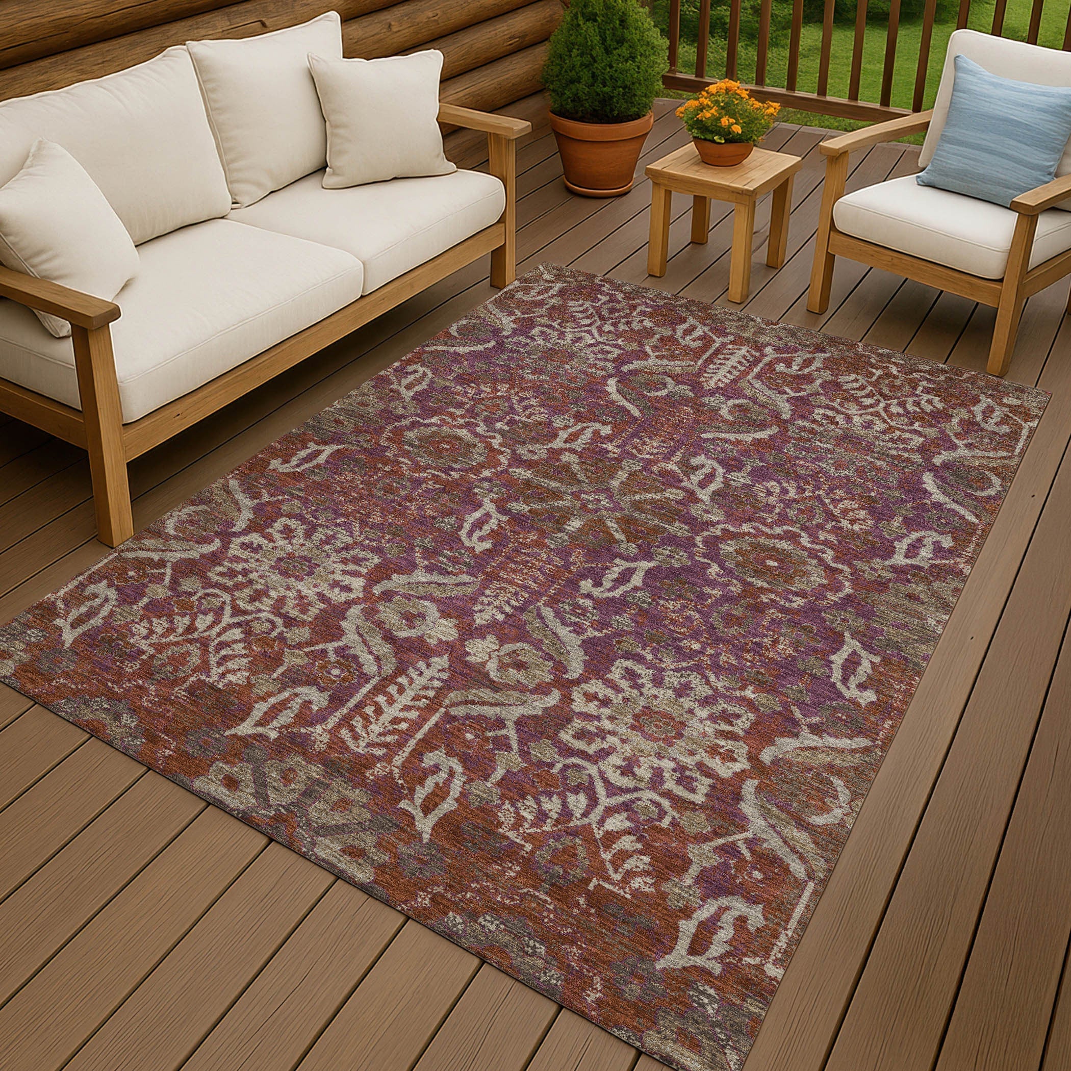 10' X 14' Eggplant And Purple Damask Washable Indoor Outdoor Area Rug Homeroots Outdoor