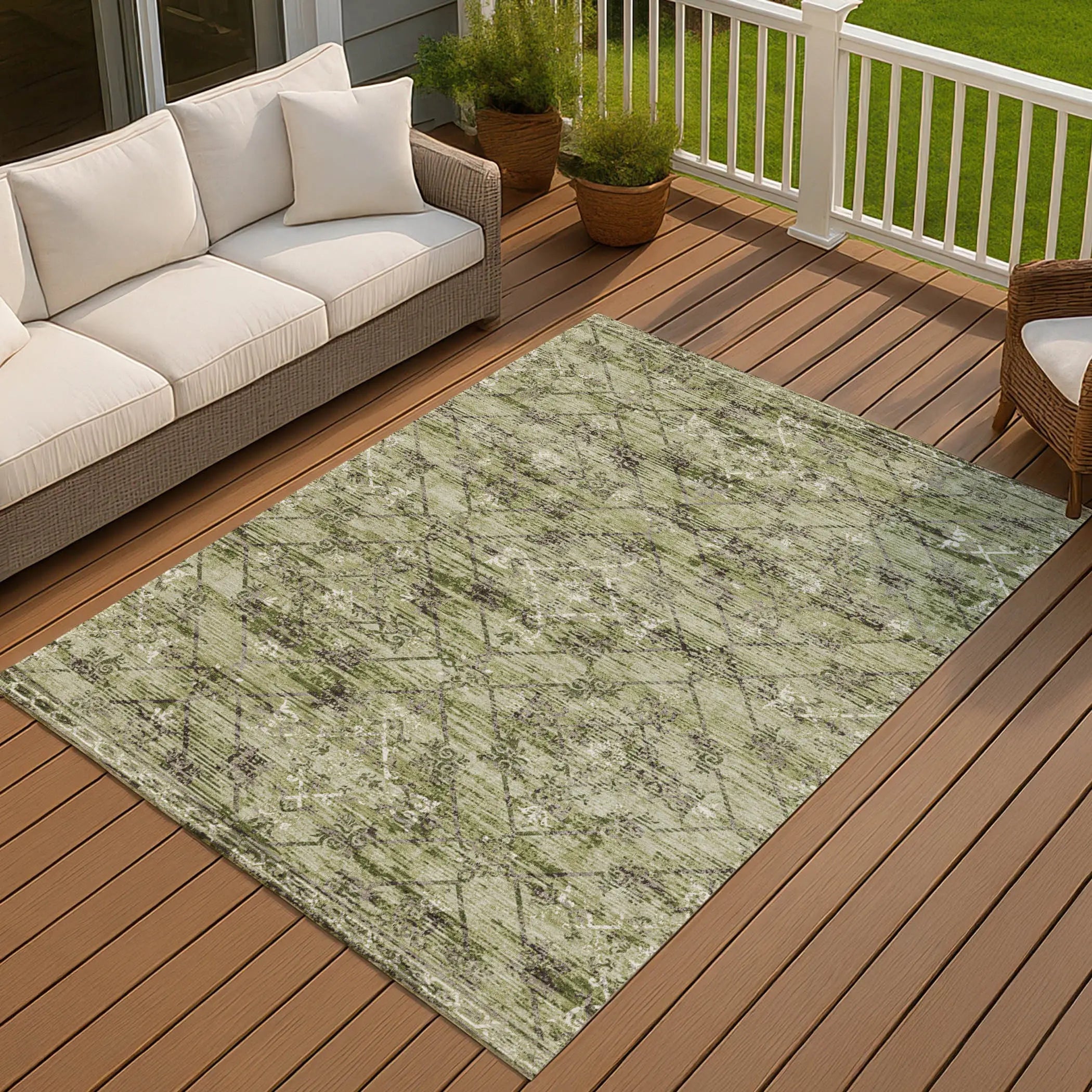 10' X 14' Fern Green And Brown Geometric Washable Indoor Outdoor Area Rug Homeroots Outdoor