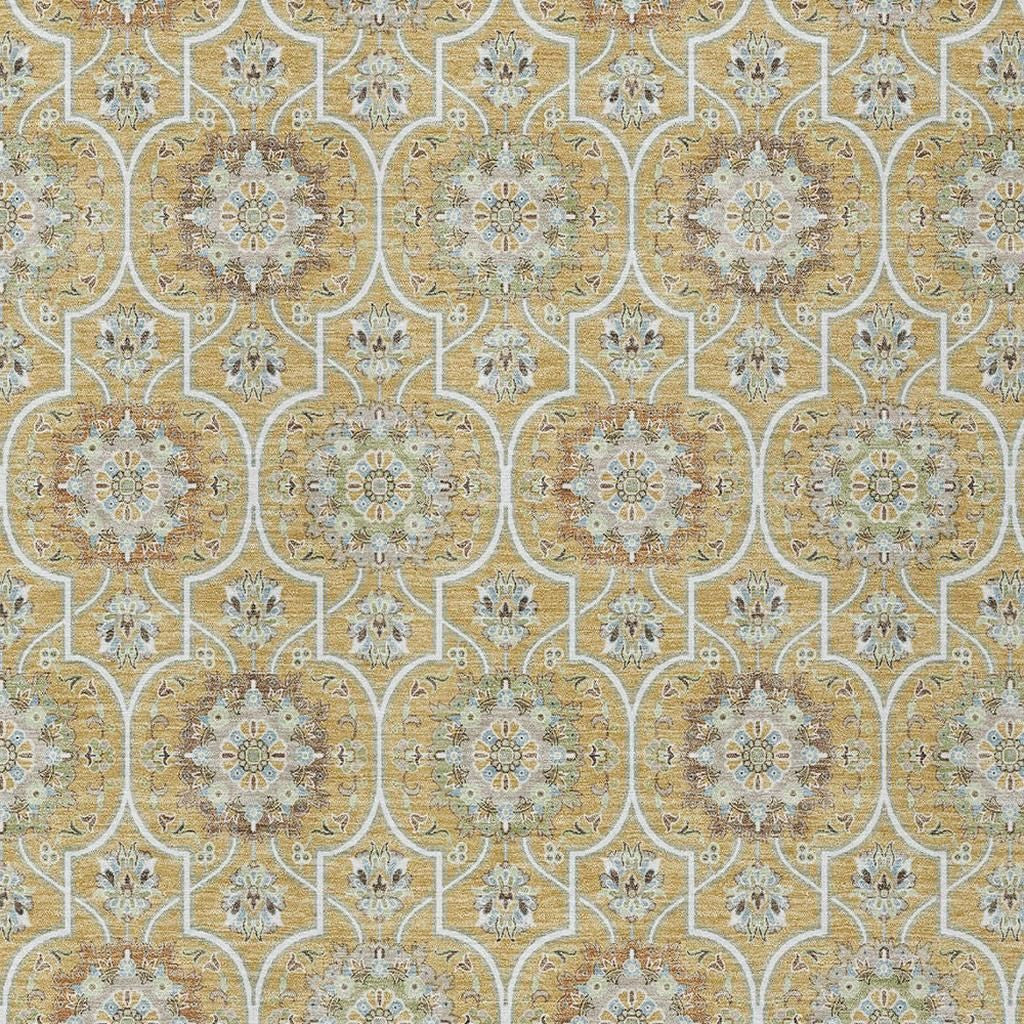 10' X 14' Gold And Beige Floral Medallion Washable Indoor Outdoor Area Rug Homeroots Outdoor