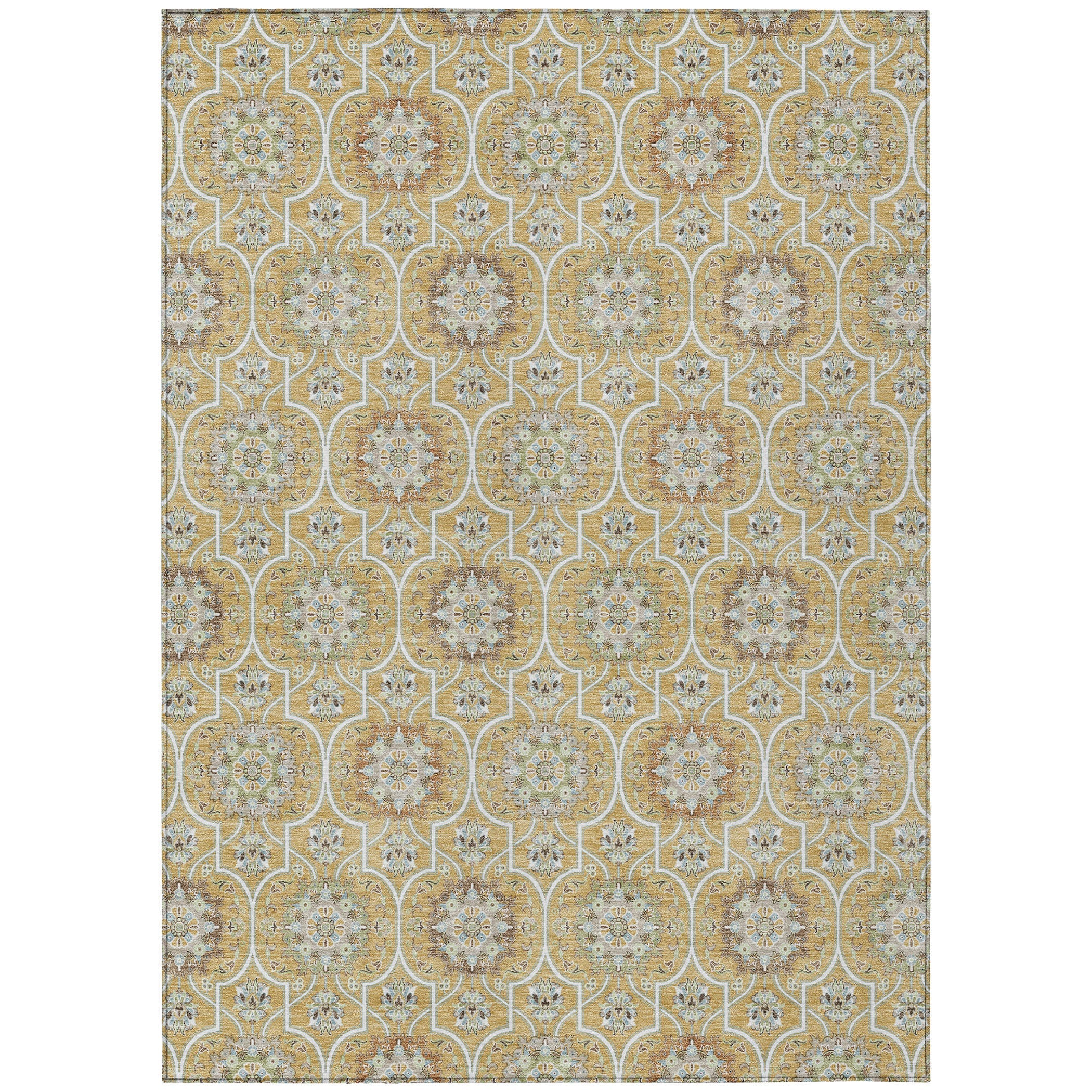10' X 14' Gold And Beige Floral Medallion Washable Indoor Outdoor Area Rug Homeroots Outdoor