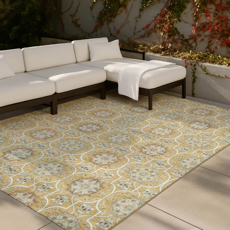 10' X 14' Gold And Beige Floral Medallion Washable Indoor Outdoor Area Rug Homeroots Outdoor