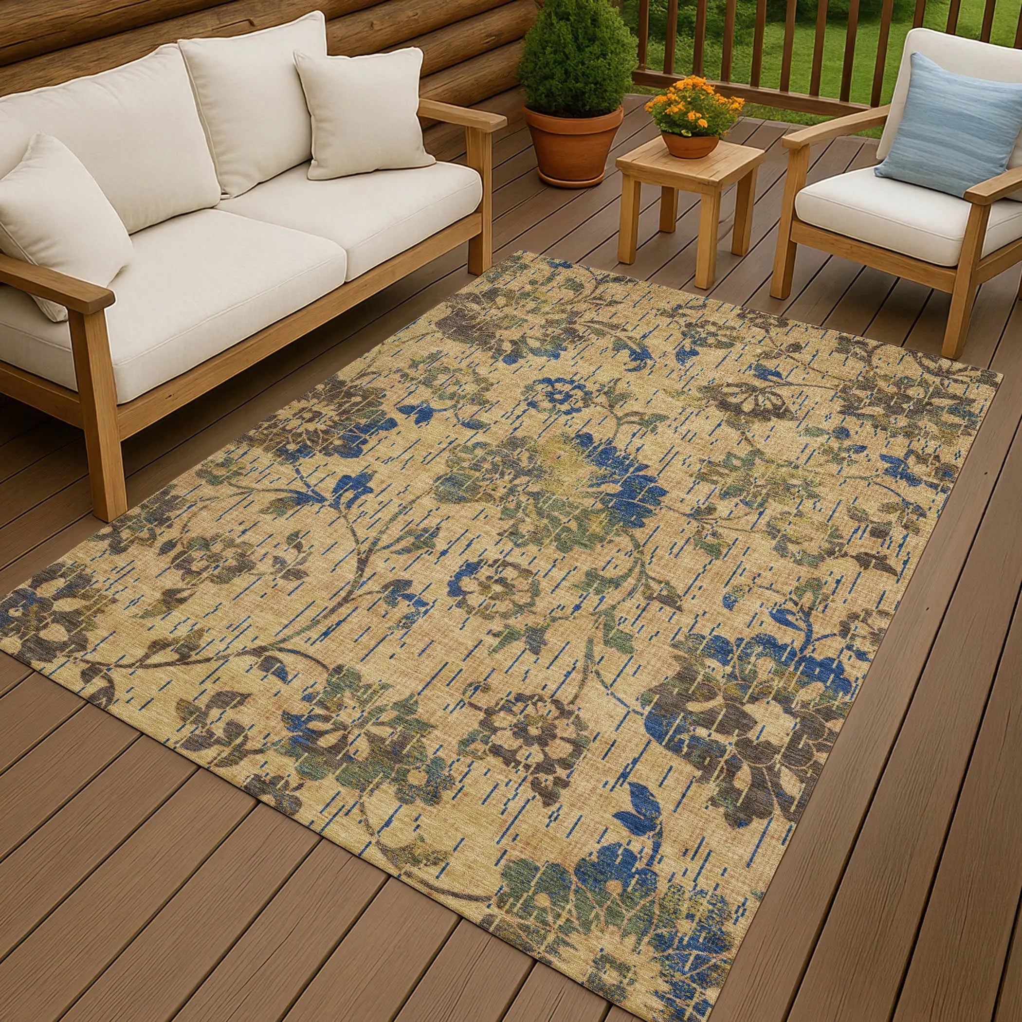 10' X 14' Gold And Brown Floral Washable Indoor Outdoor Area Rug Homeroots Outdoor