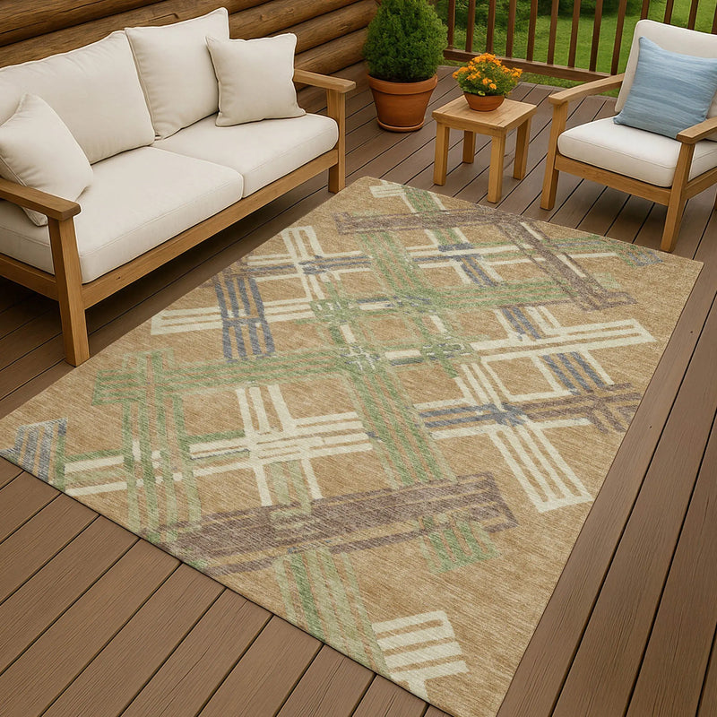 10' X 14' Gold And Brown Geometric Washable Indoor Outdoor Area Rug Homeroots Outdoor