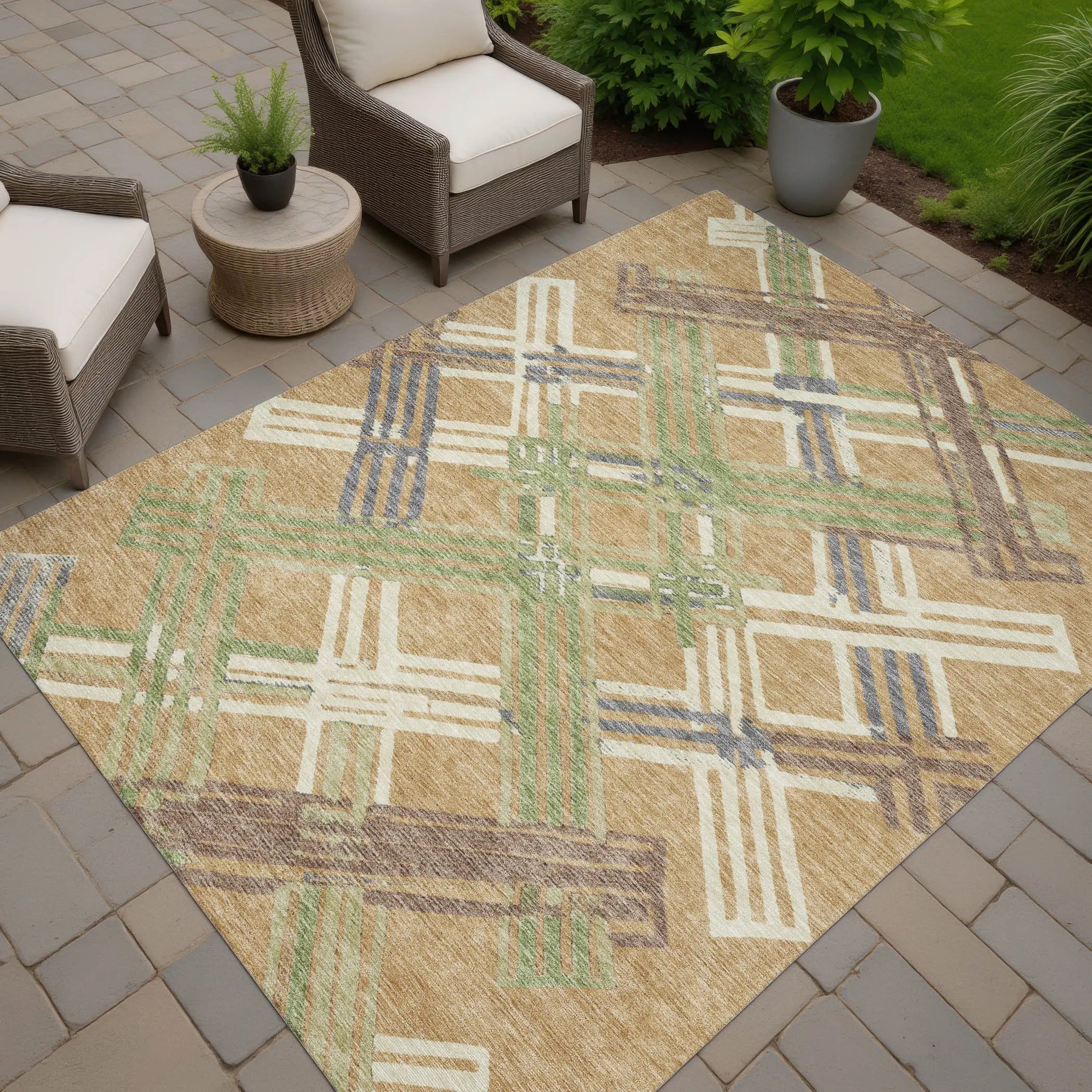 10' X 14' Gold And Brown Geometric Washable Indoor Outdoor Area Rug Homeroots Outdoor