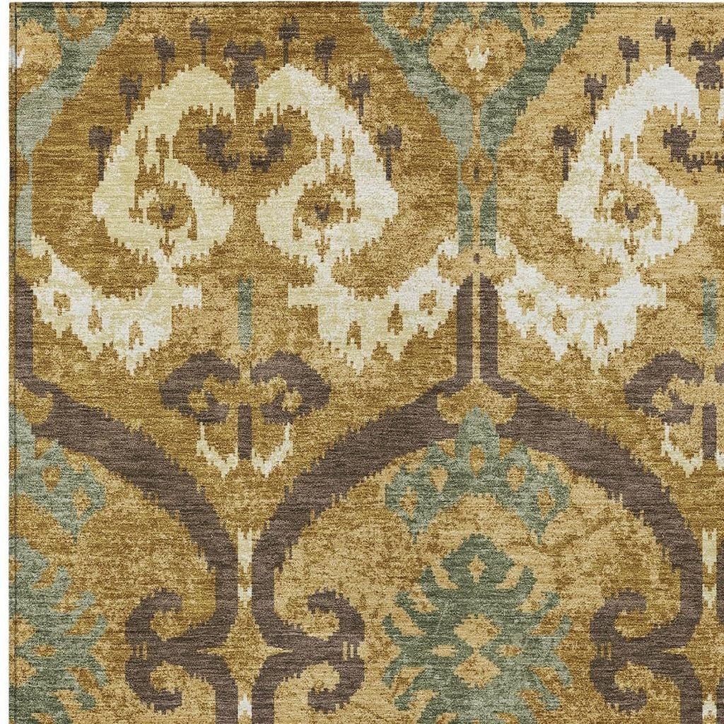 10' X 14' Gold And Brown Ikat Washable Indoor Outdoor Area Rug Homeroots Outdoor
