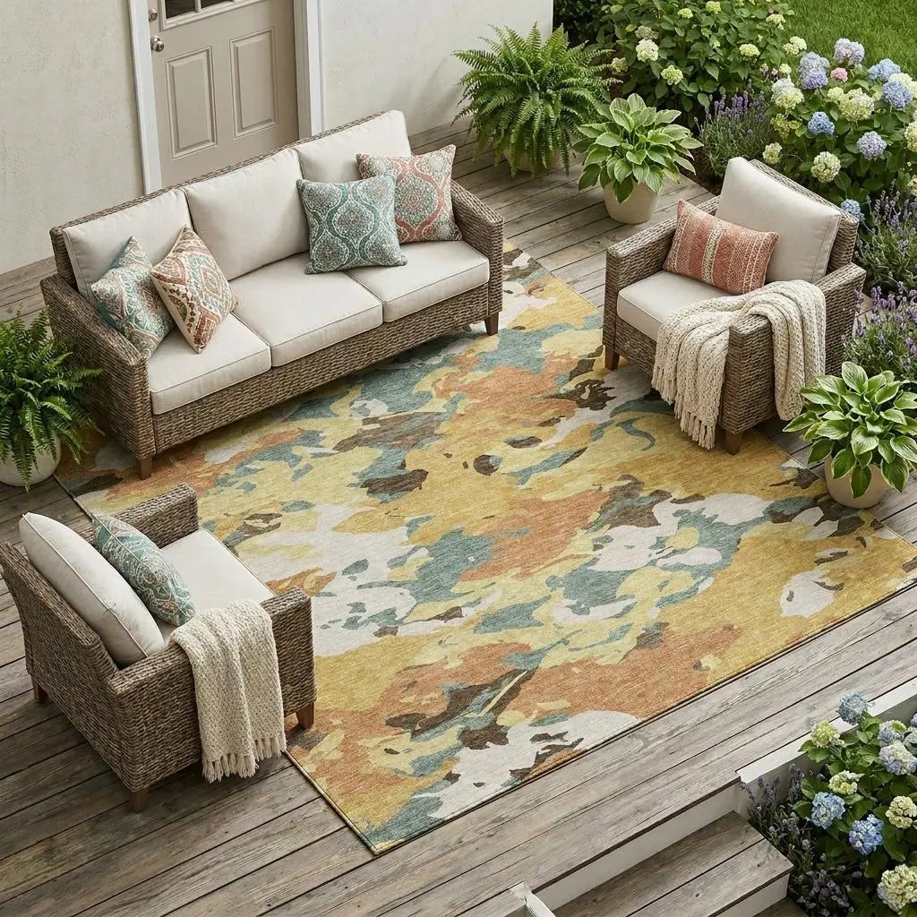 10' X 14' Gold And Copper Abstract Washable Indoor Outdoor Area Rug Homeroots Outdoor