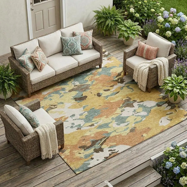 10' X 14' Gold And Copper Abstract Washable Indoor Outdoor Area Rug Homeroots Outdoor