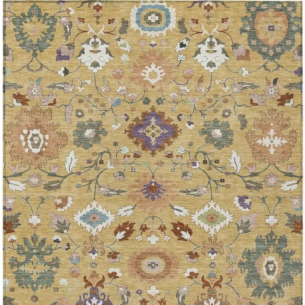 10' X 14' Gold And Copper Floral Medallion Washable Indoor Outdoor Area Rug Homeroots Outdoor