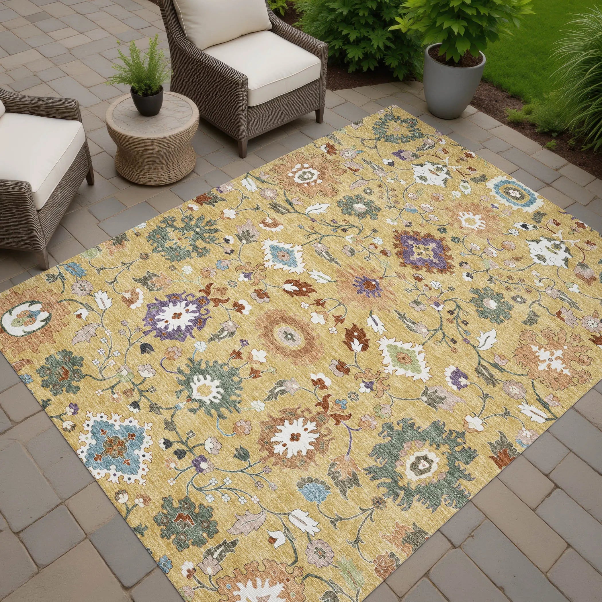 10' X 14' Gold And Copper Floral Medallion Washable Indoor Outdoor Area Rug Homeroots Outdoor