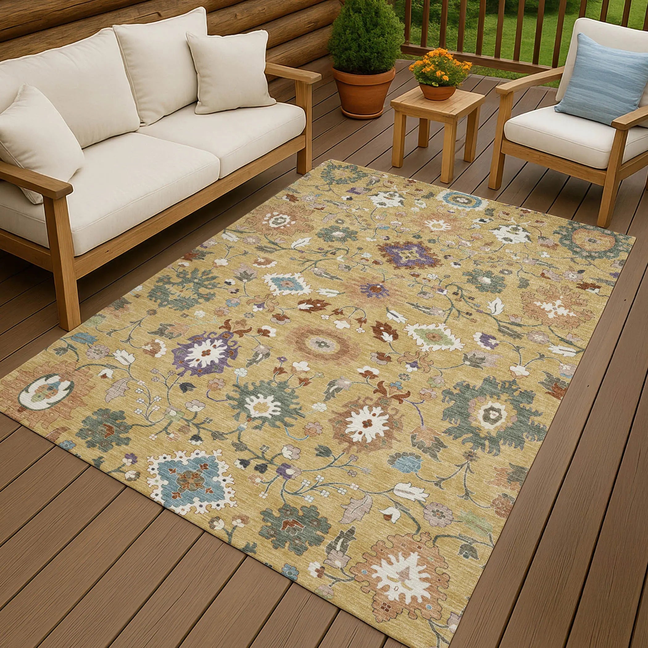 10' X 14' Gold And Copper Floral Medallion Washable Indoor Outdoor Area Rug Homeroots Outdoor