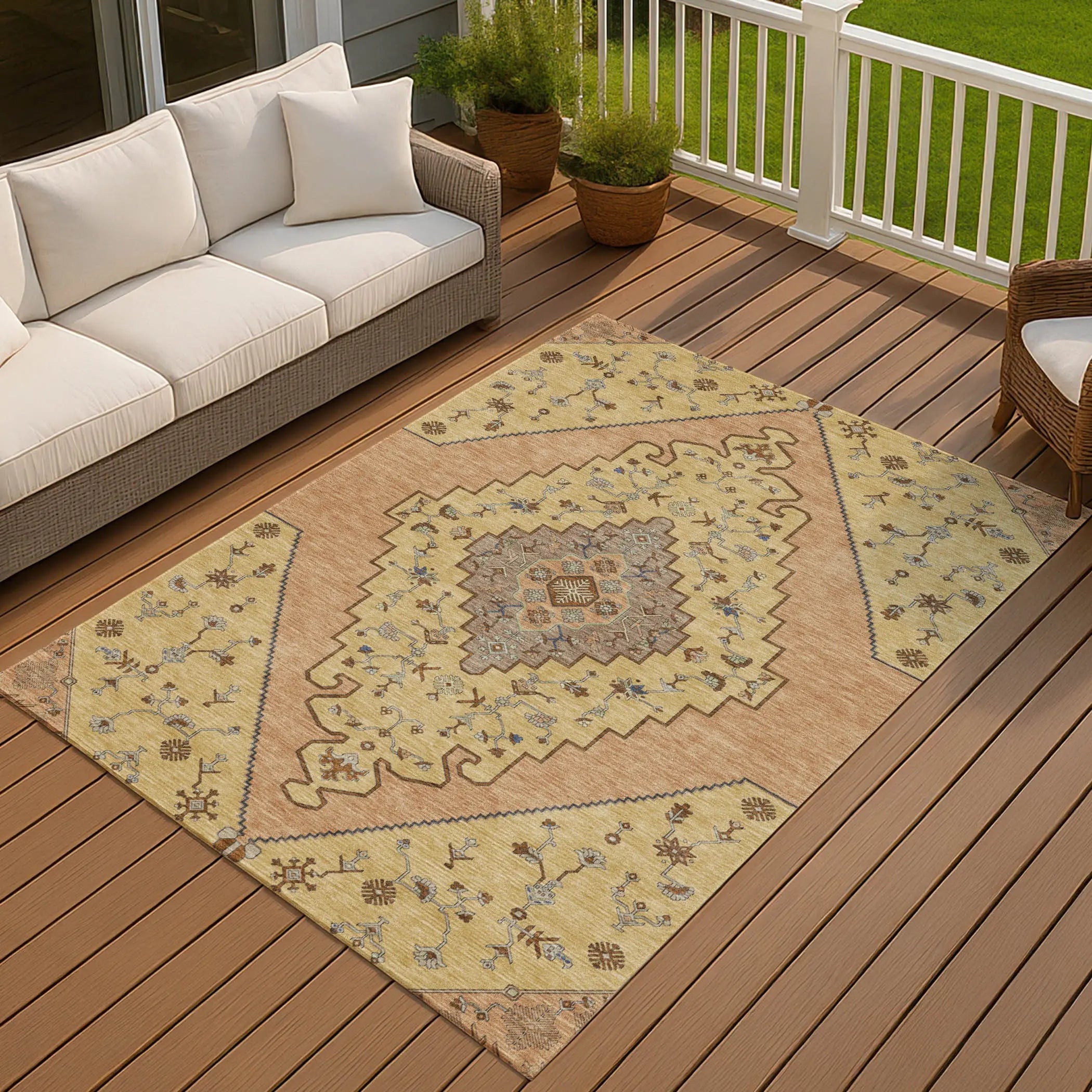 10' X 14' Gold And Copper Geometric Washable Indoor Outdoor Area Rug Homeroots Outdoor