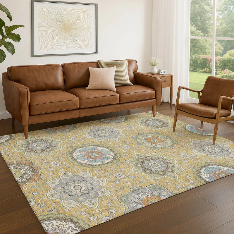 10' X 14' Gold And Ivory Floral Medallion Washable Indoor Outdoor Area Rug Homeroots Outdoor