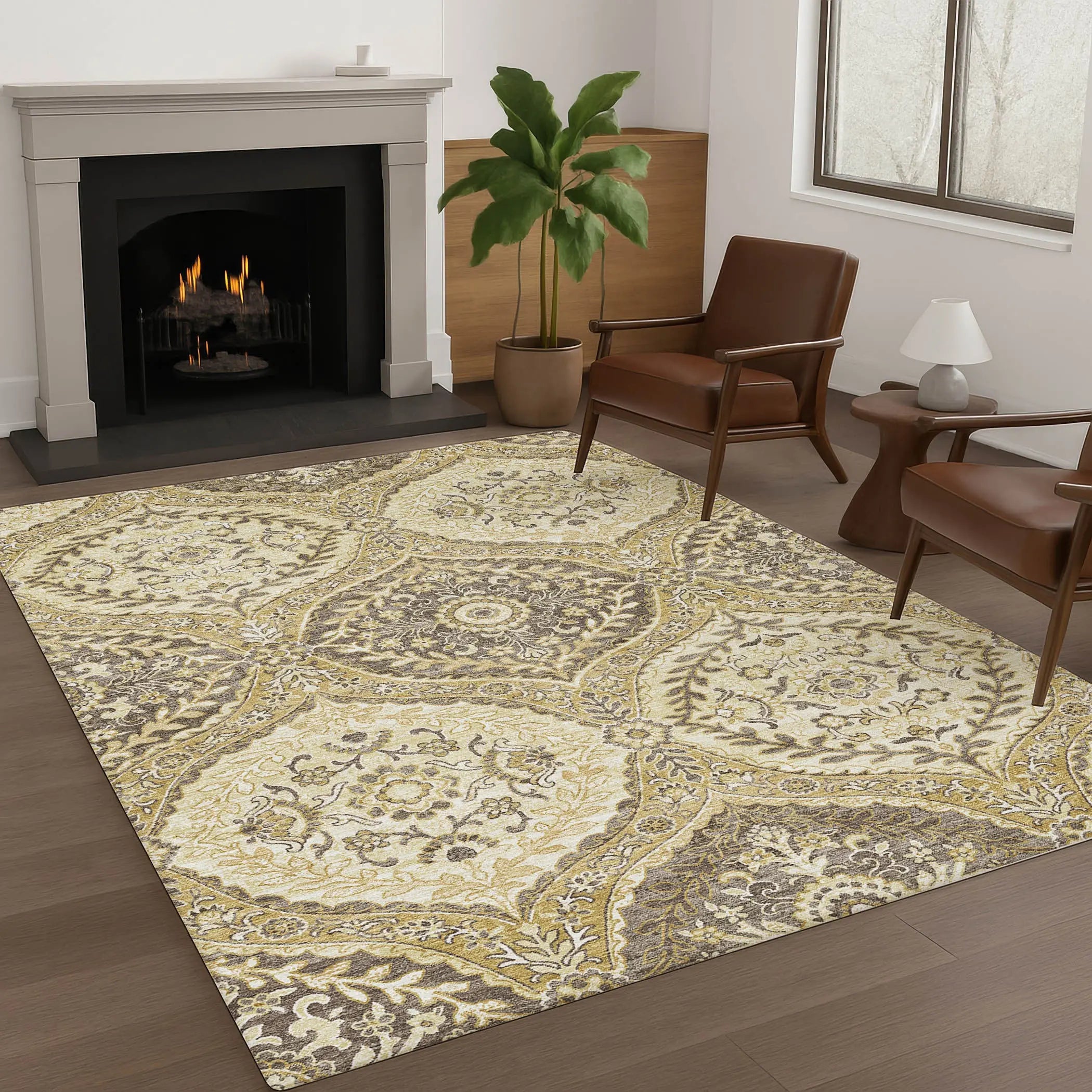 10' X 14' Gold And Khaki Ogee Washable Indoor Outdoor Area Rug Homeroots Outdoor