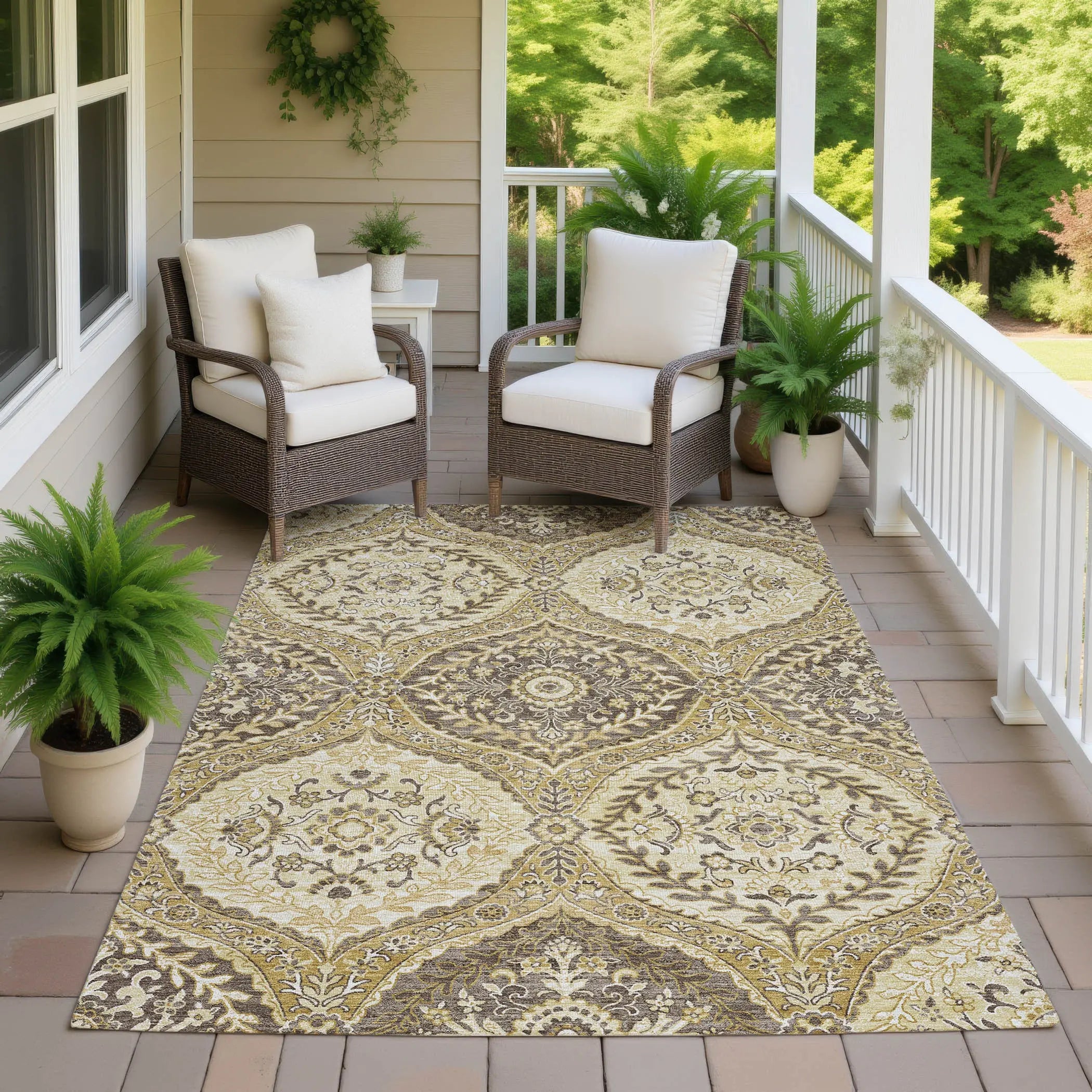 10' X 14' Gold And Khaki Ogee Washable Indoor Outdoor Area Rug Homeroots Outdoor