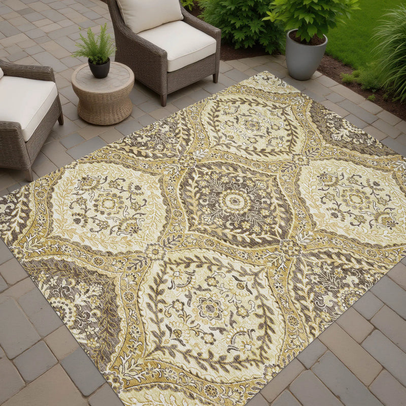 10' X 14' Gold And Khaki Ogee Washable Indoor Outdoor Area Rug Homeroots Outdoor
