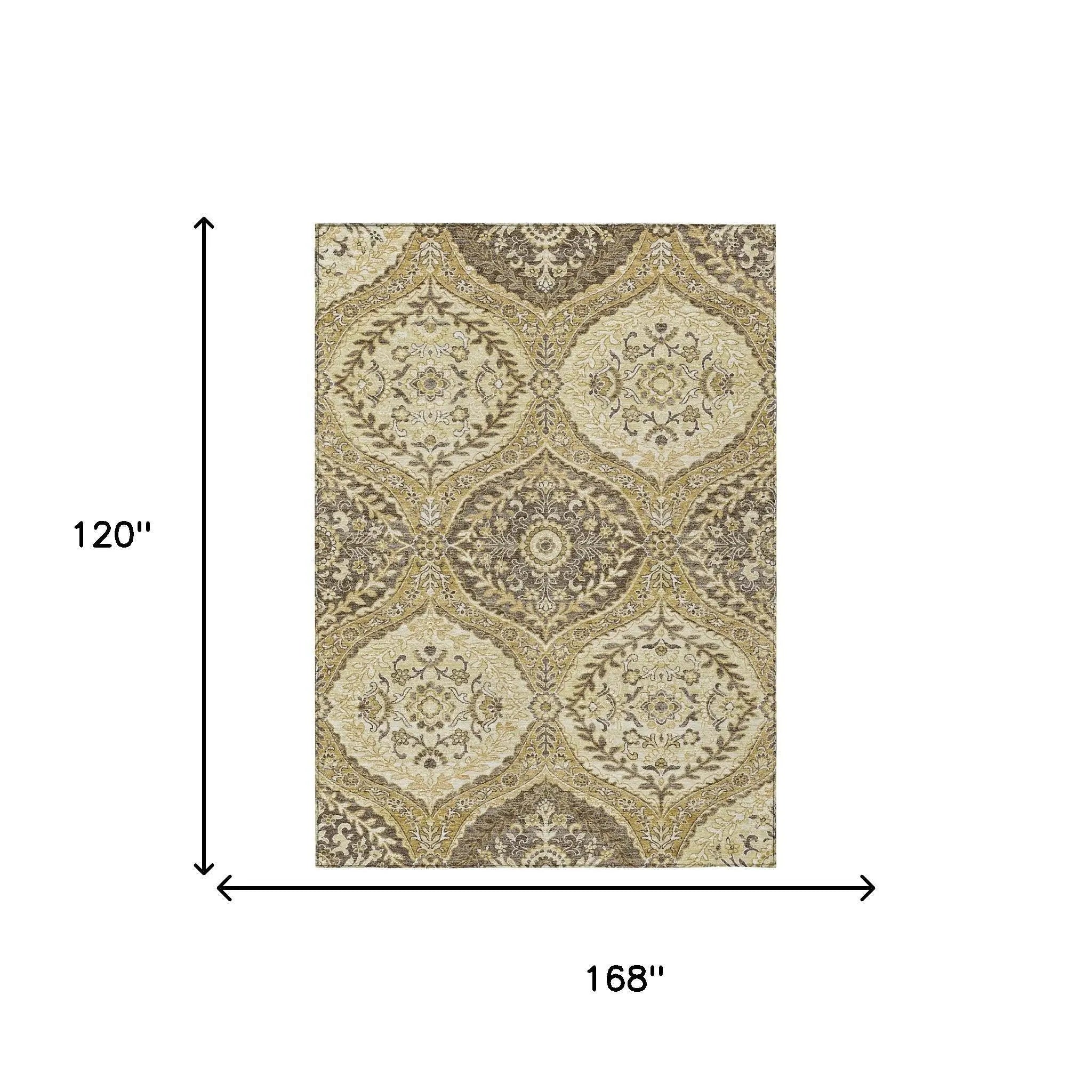 10' X 14' Gold And Khaki Ogee Washable Indoor Outdoor Area Rug Homeroots Outdoor