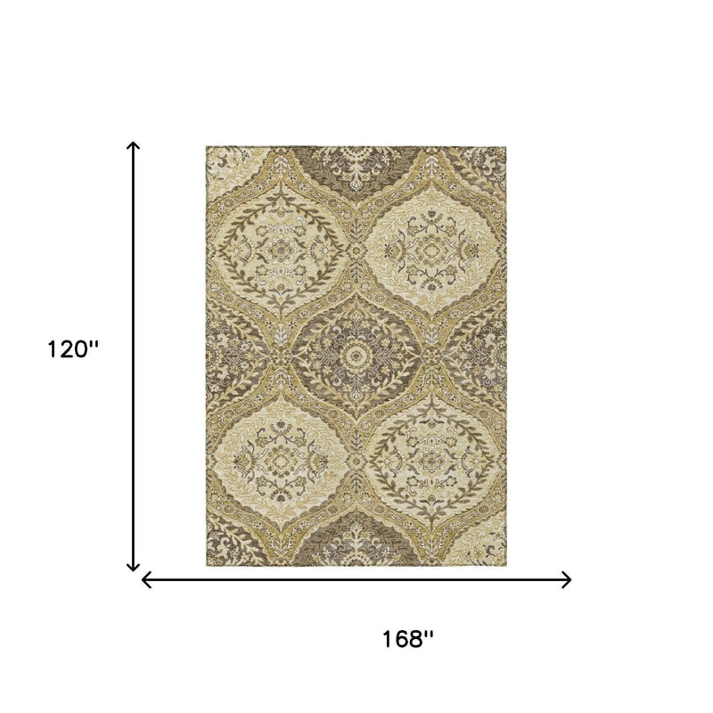 10' X 14' Gold And Khaki Ogee Washable Indoor Outdoor Area Rug Homeroots Outdoor