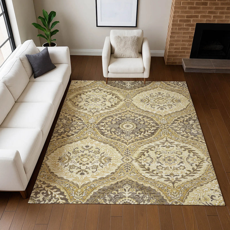10' X 14' Gold And Khaki Ogee Washable Indoor Outdoor Area Rug Homeroots Outdoor