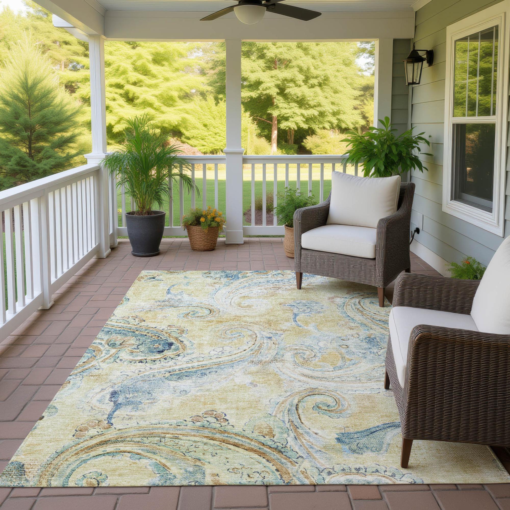 10' X 14' Gold And Mint Green Paisley Washable Indoor Outdoor Area Rug Homeroots Outdoor