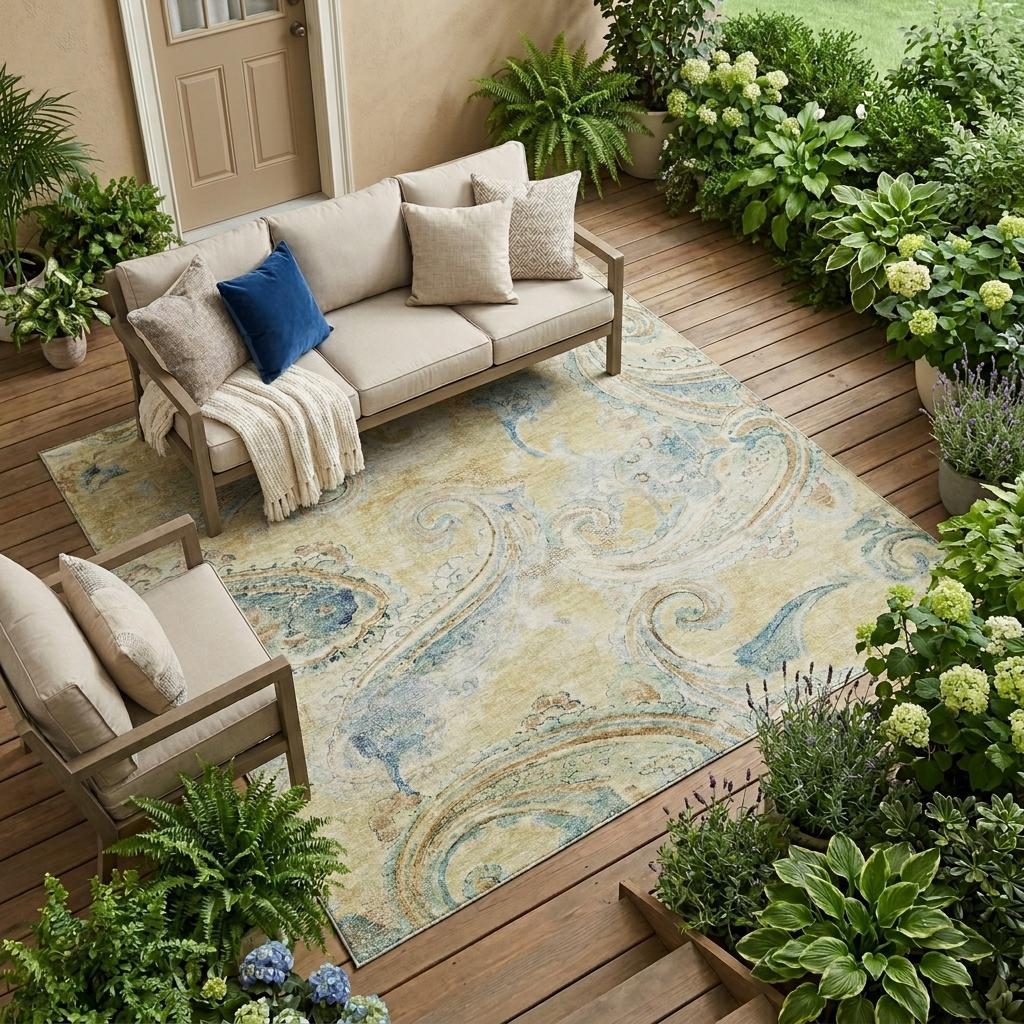 10' X 14' Gold And Mint Green Paisley Washable Indoor Outdoor Area Rug Homeroots Outdoor