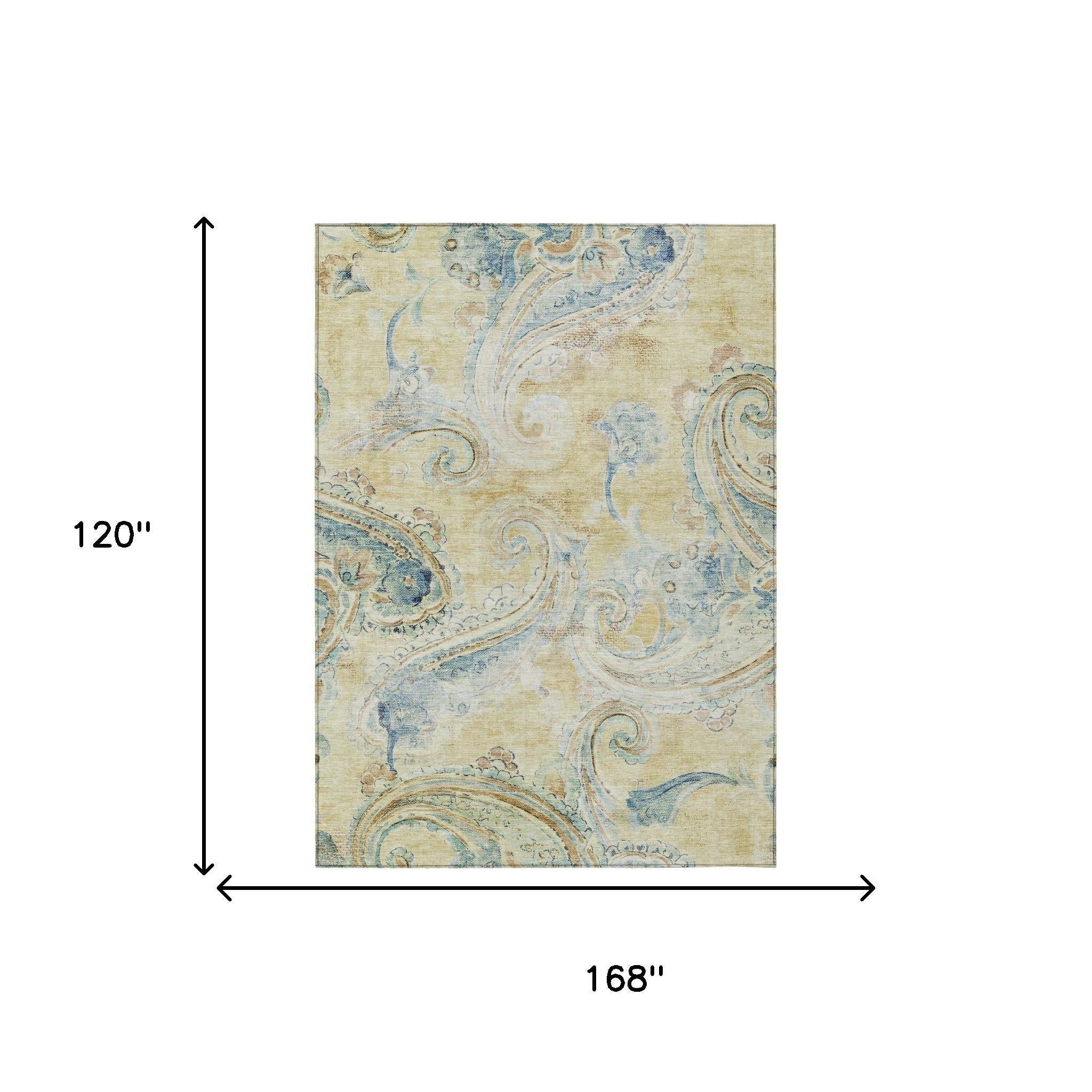 10' X 14' Gold And Mint Green Paisley Washable Indoor Outdoor Area Rug Homeroots Outdoor