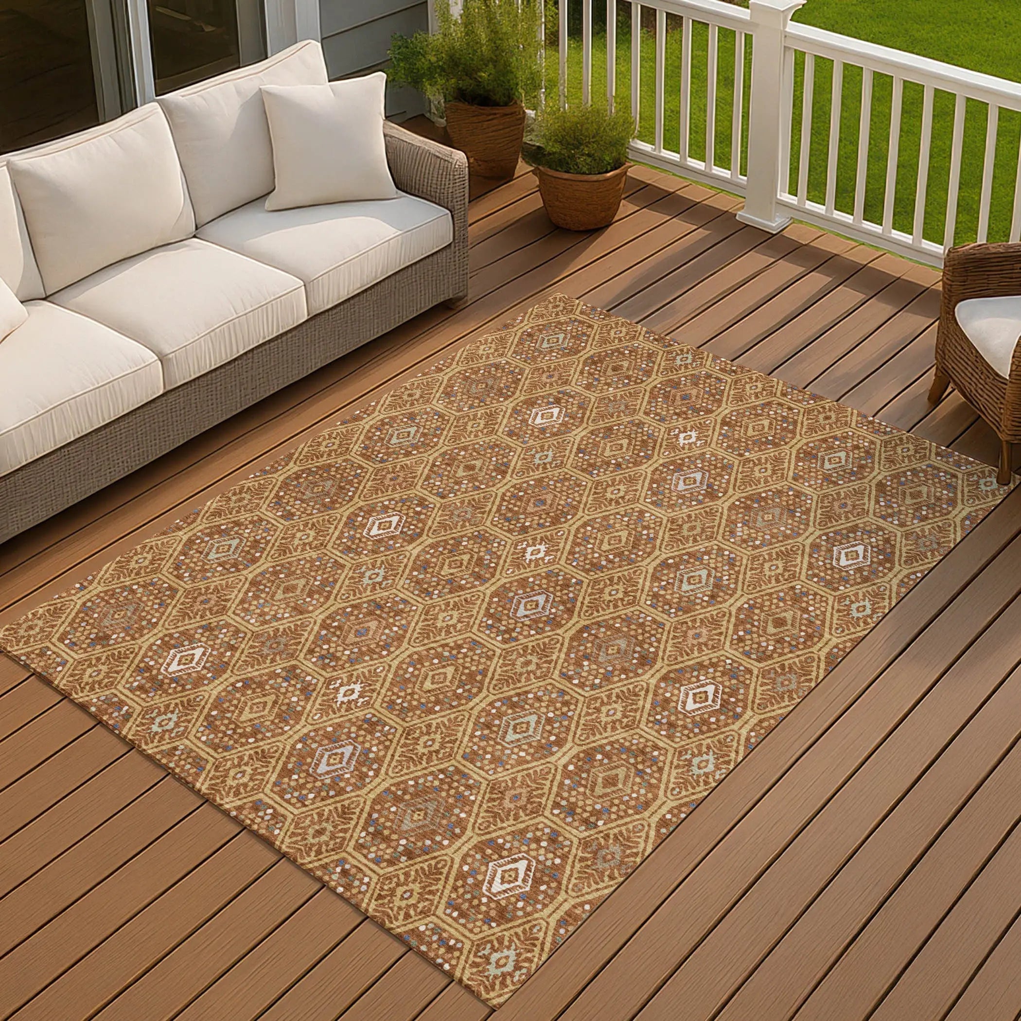 10' X 14' Gold And Orange Geometric Washable Indoor Outdoor Area Rug Homeroots Outdoor