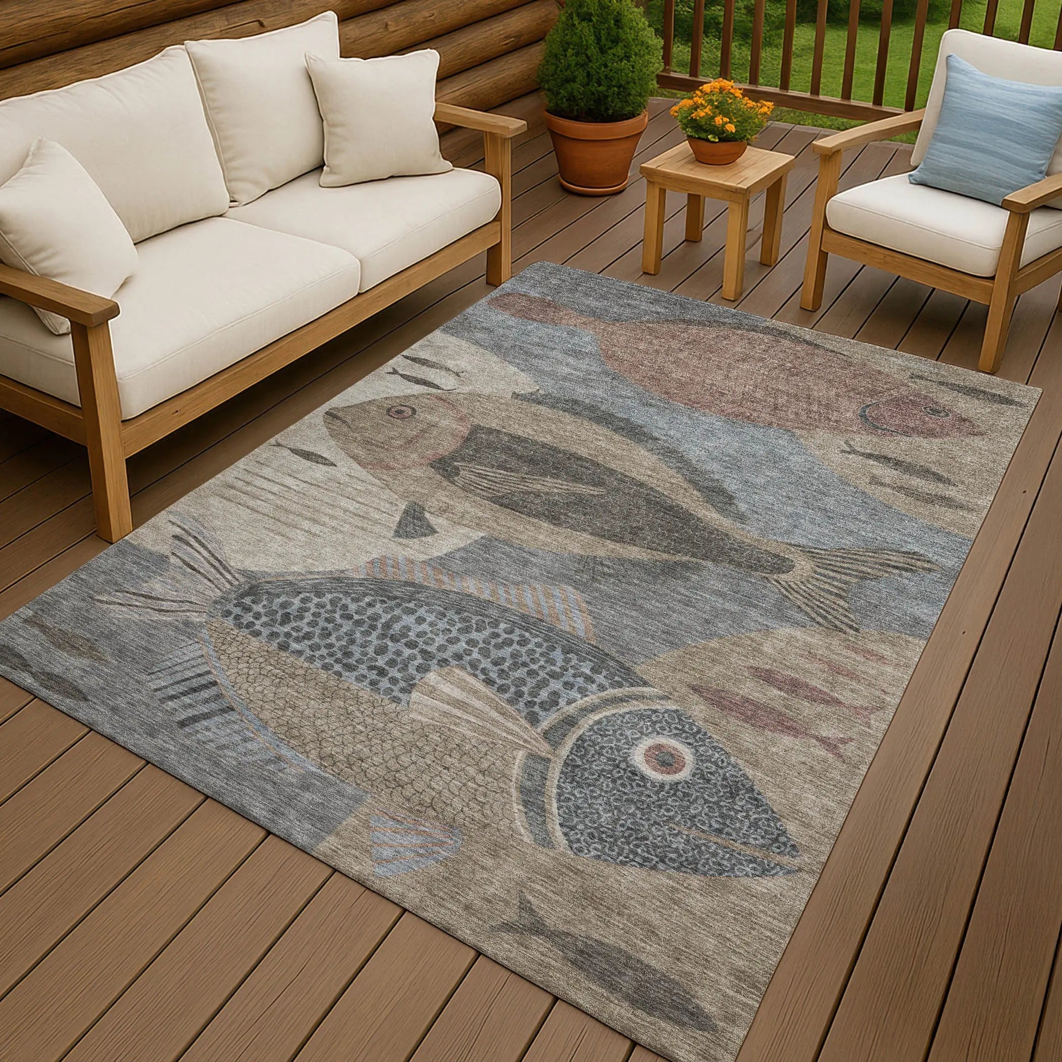 10' X 14' Gray And Beige Tropical Fish Washable Indoor Outdoor Area Rug Homeroots Outdoor