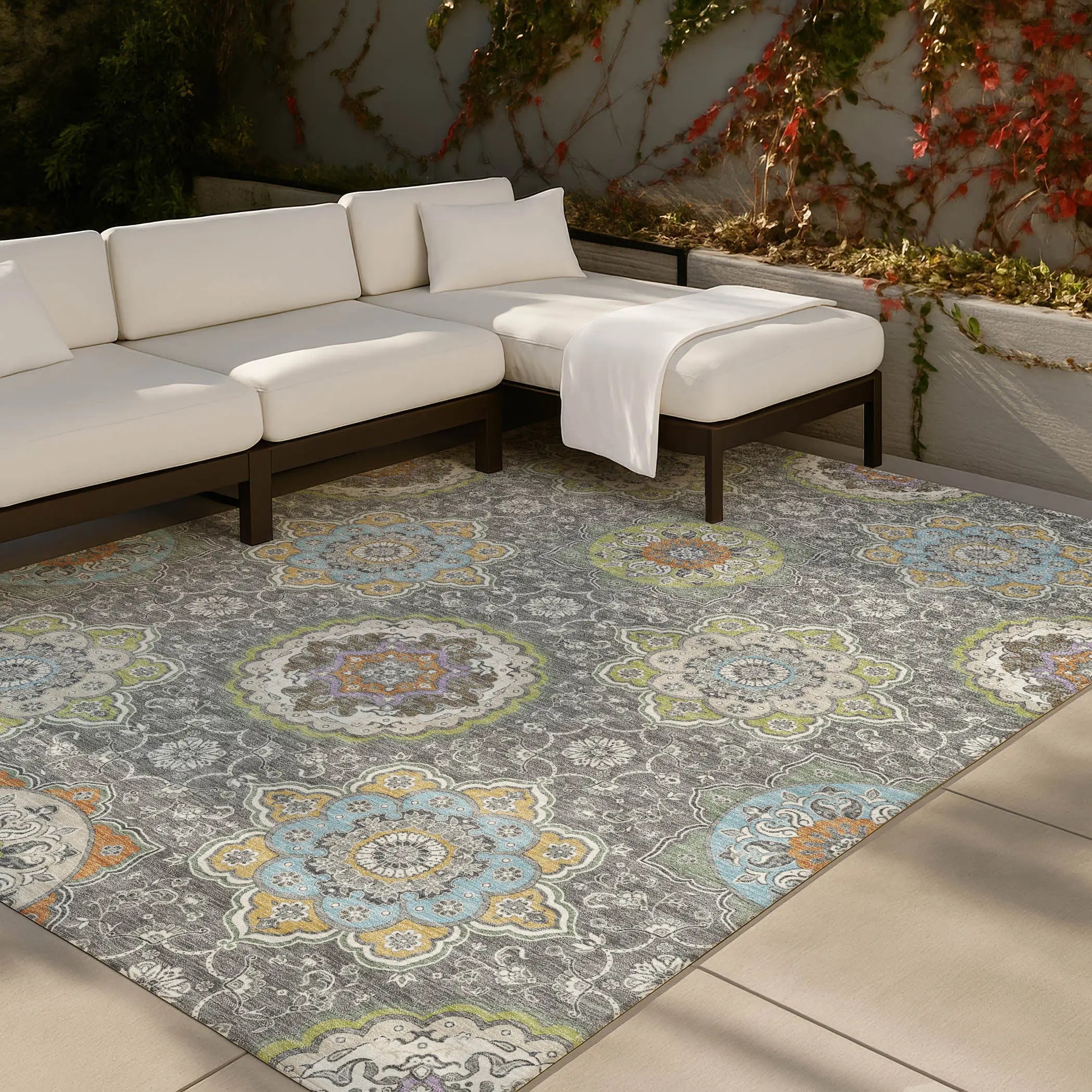 10' X 14' Gray And Brown Floral Medallion Washable Indoor Outdoor Area Rug Homeroots Outdoor