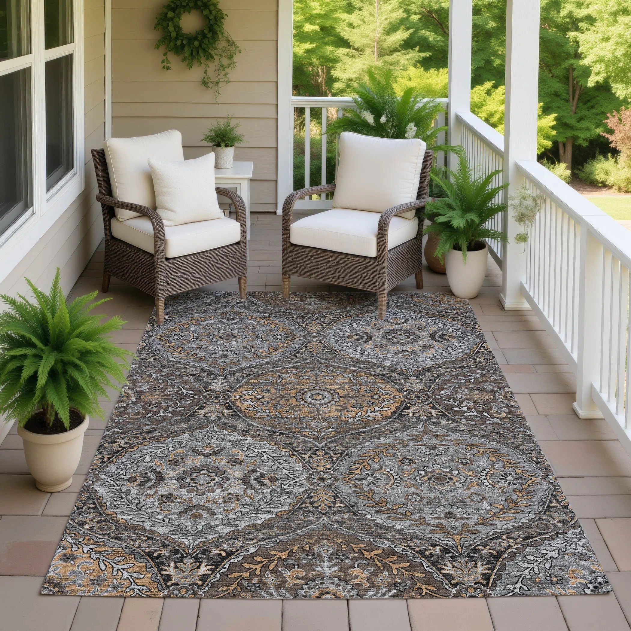 10' X 14' Gray And Brown Ogee Washable Indoor Outdoor Area Rug Homeroots Outdoor