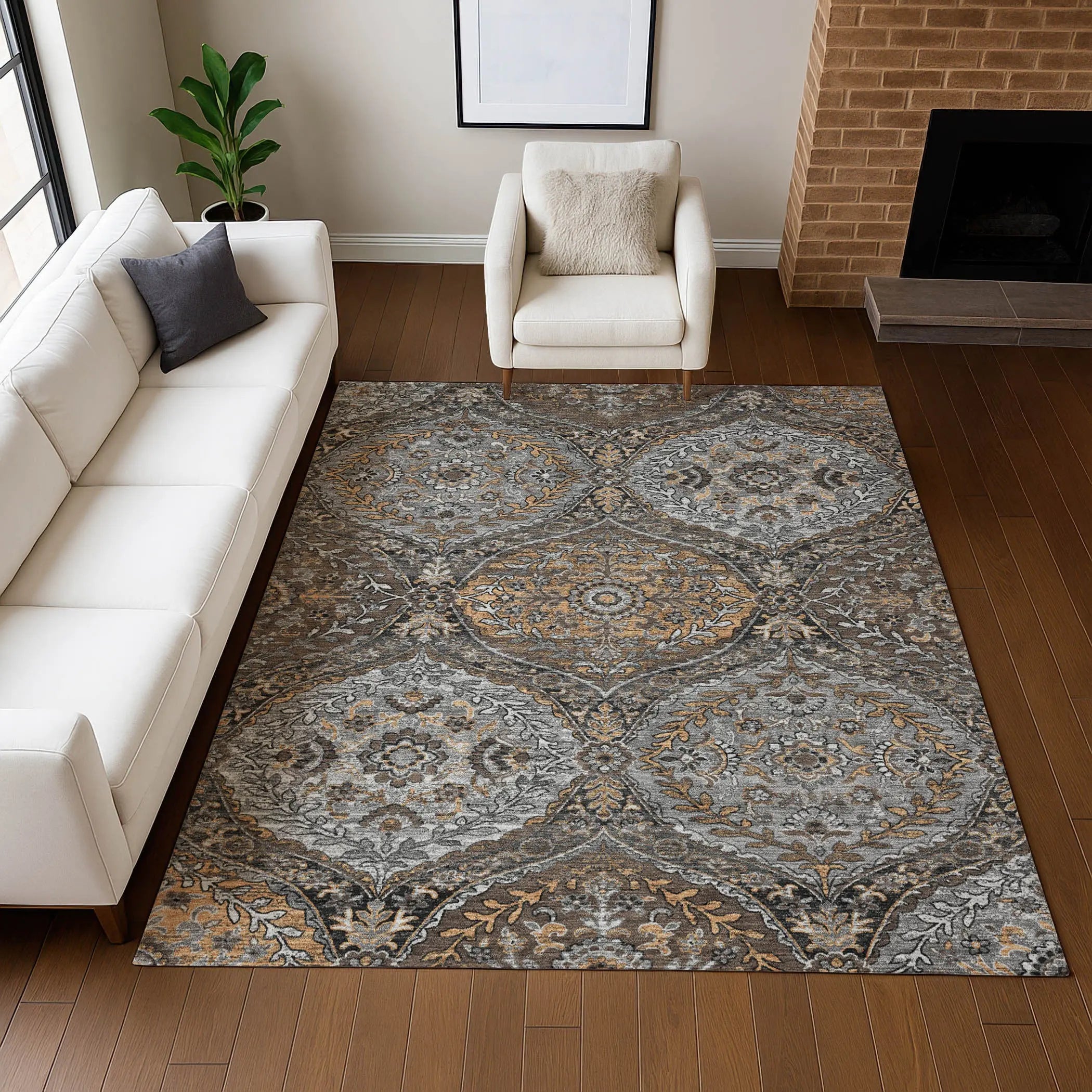 10' X 14' Gray And Brown Ogee Washable Indoor Outdoor Area Rug Homeroots Outdoor