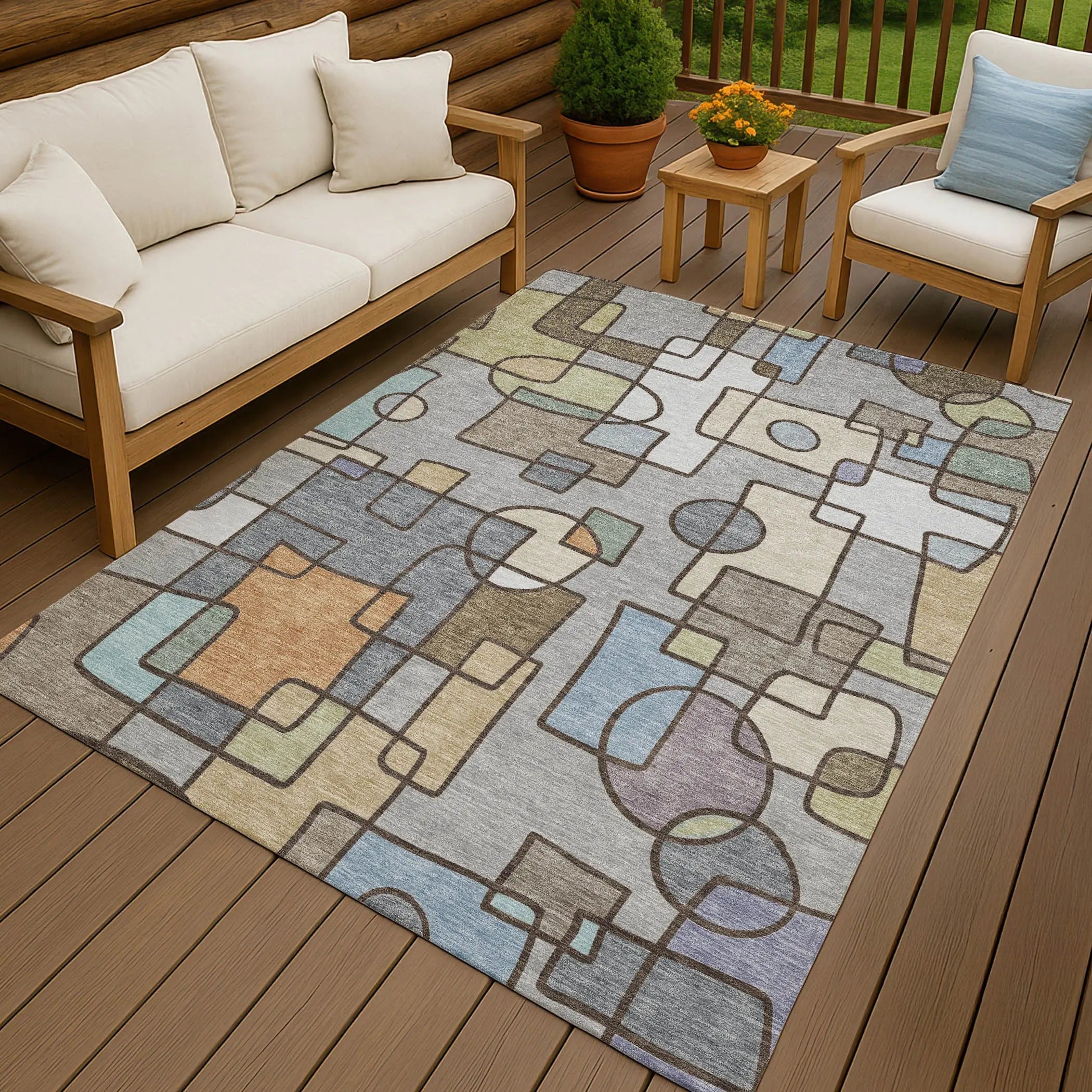 10' X 14' Gray And Sky Blue Geometric Washable Indoor Outdoor Area Rug Homeroots Outdoor
