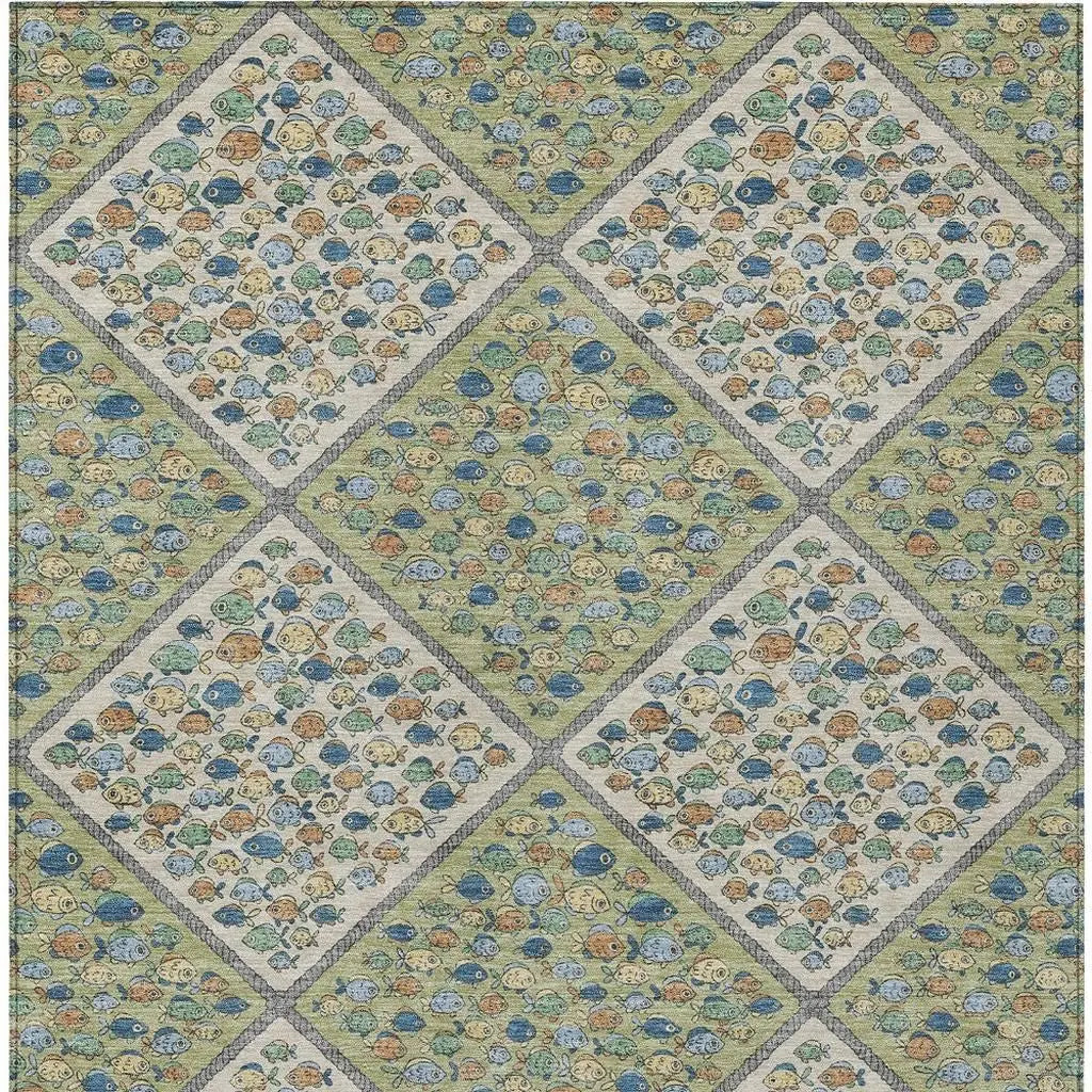 10' X 14' Green And Beige Abstract Washable Indoor Outdoor Area Rug Homeroots Outdoor