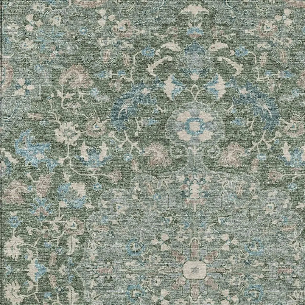 10' X 14' Green And Beige Floral Medallion Washable Indoor Outdoor Area Rug Homeroots Outdoor