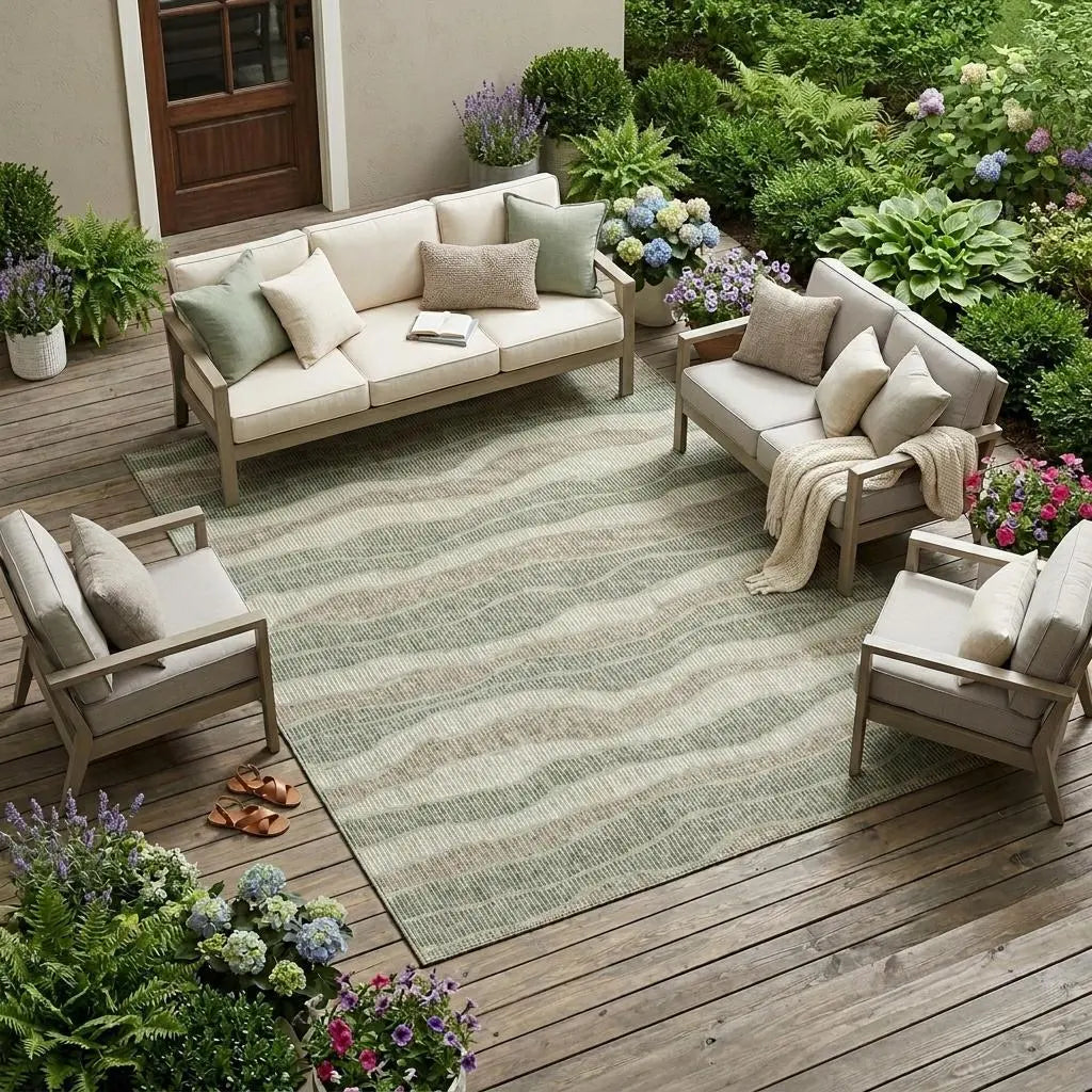 10' X 14' Green And Beige Striped Washable Indoor Outdoor Area Rug Homeroots Outdoor