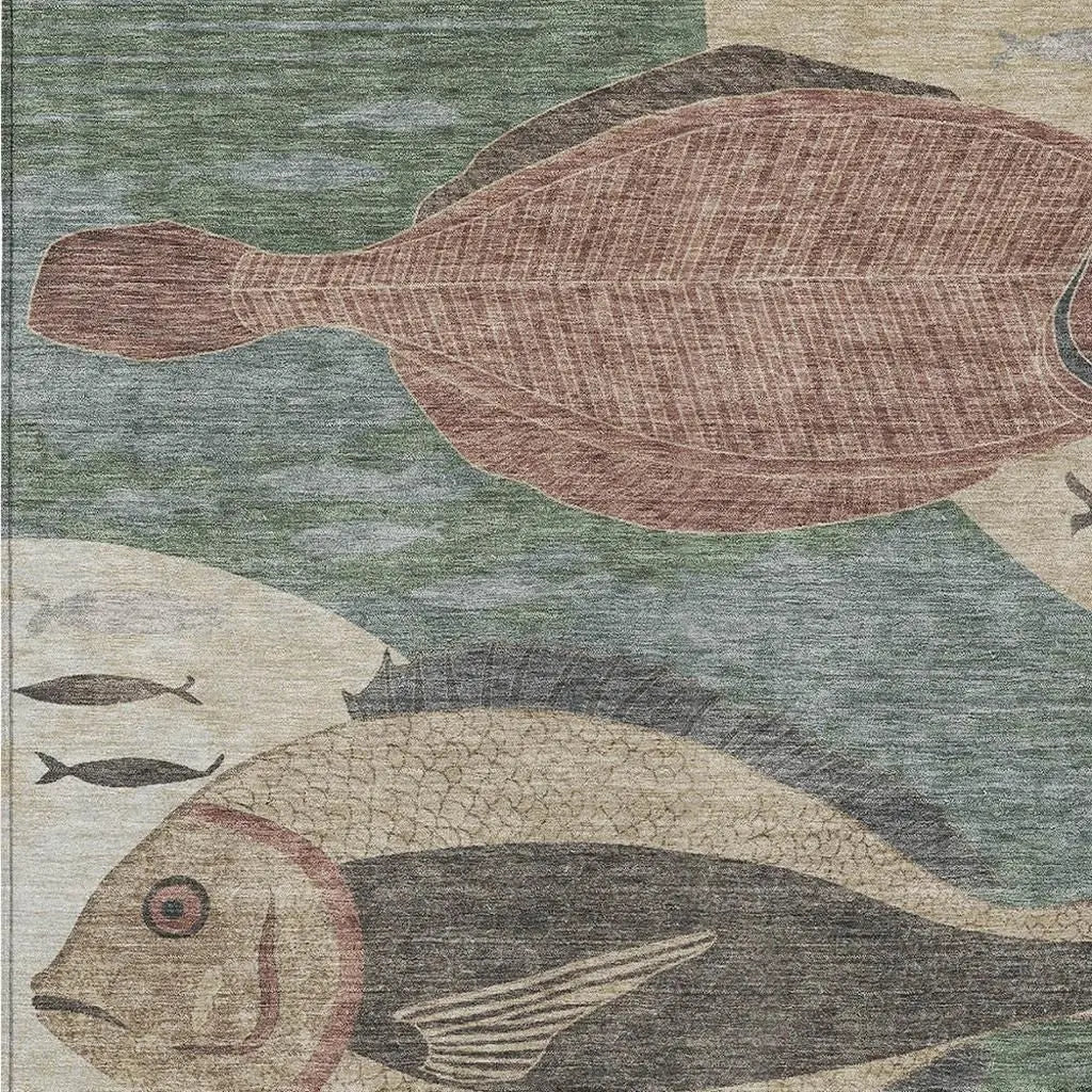 10' X 14' Green And Beige Tropical Fish Washable Indoor Outdoor Area Rug Homeroots Outdoor