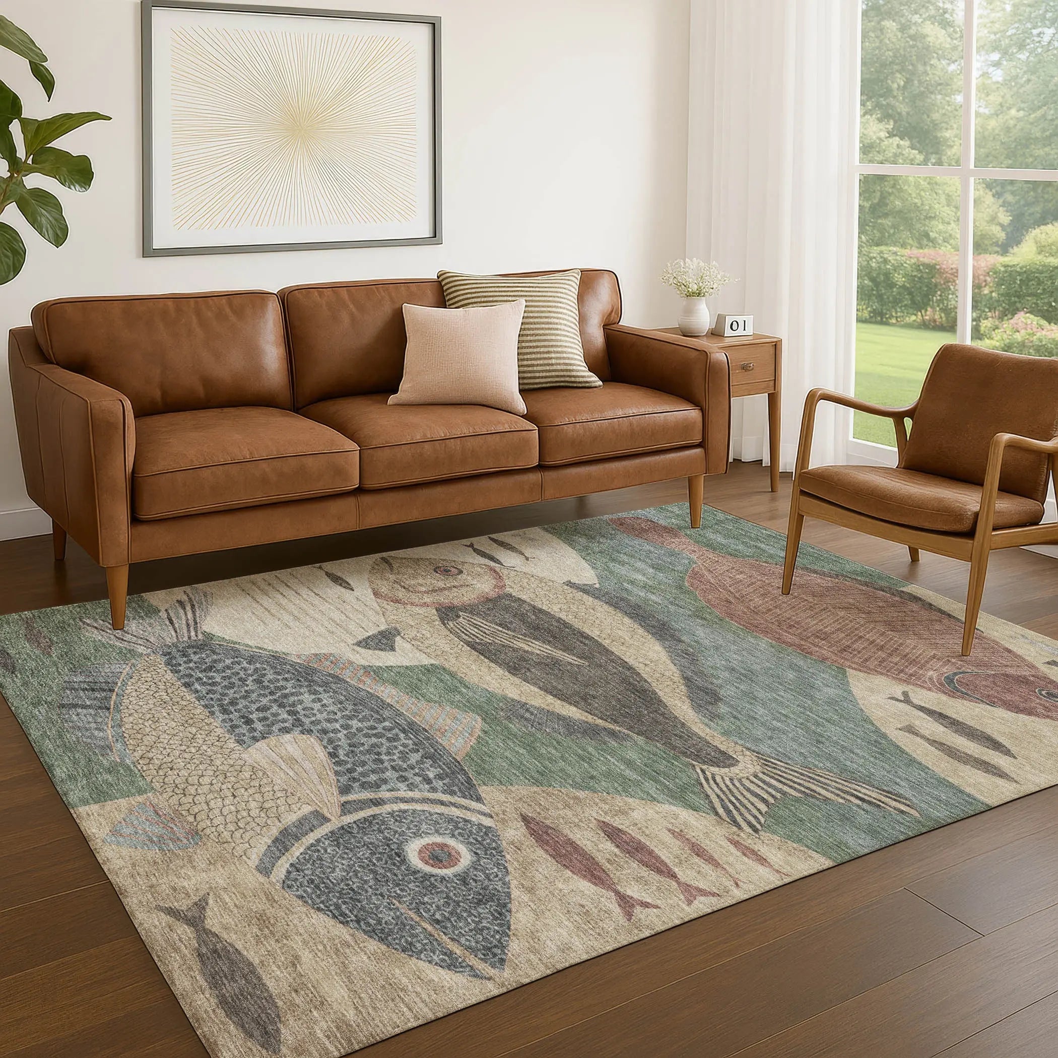 10' X 14' Green And Beige Tropical Fish Washable Indoor Outdoor Area Rug Homeroots Outdoor