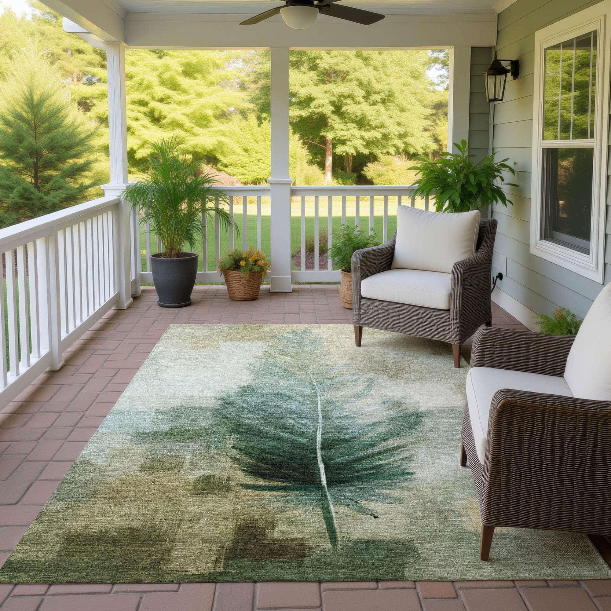 10' X 14' Green And Brown Botanical Leaves Washable Indoor Outdoor Area Rug Homeroots Outdoor