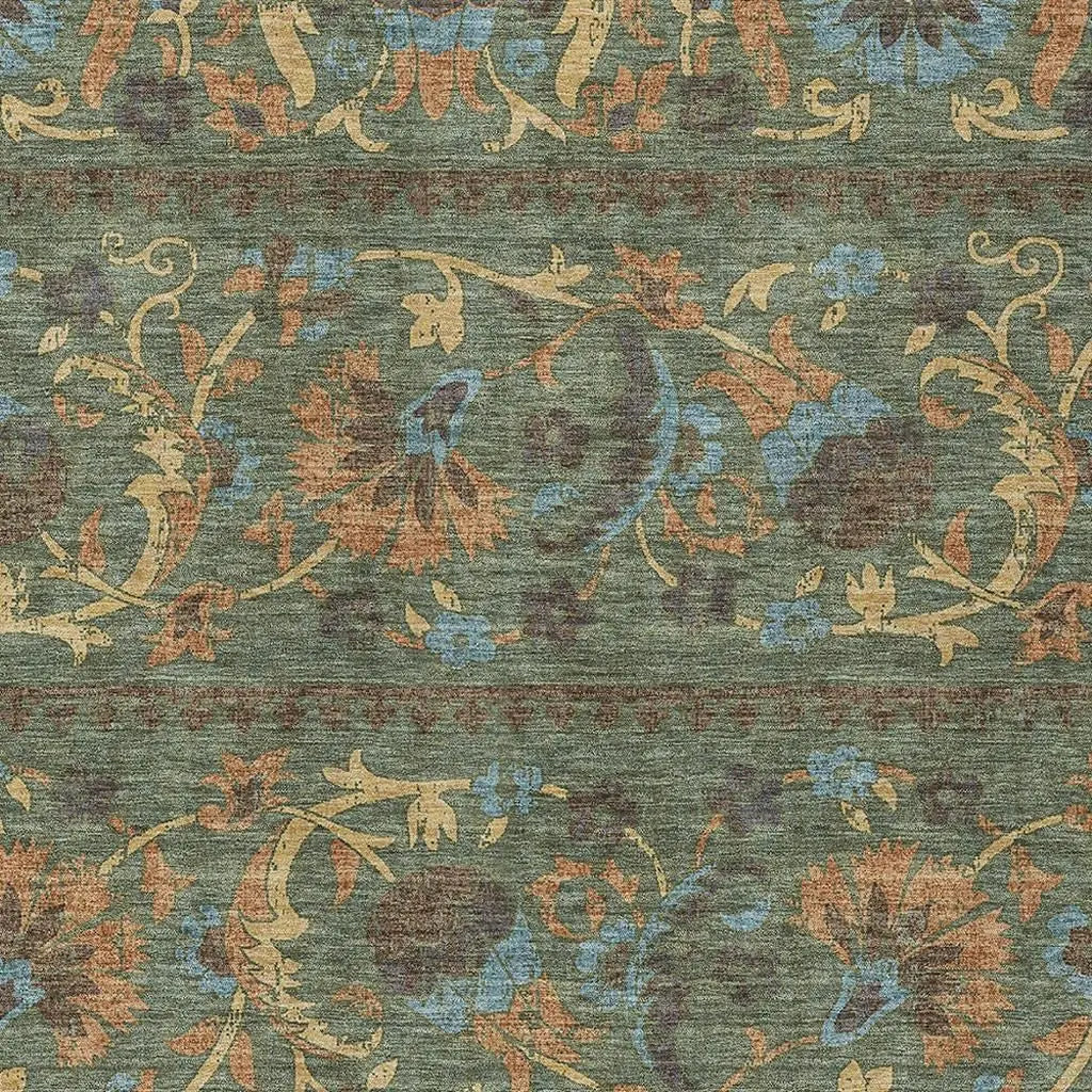 10' X 14' Green And Copper Floral Washable Indoor Outdoor Area Rug Homeroots Outdoor