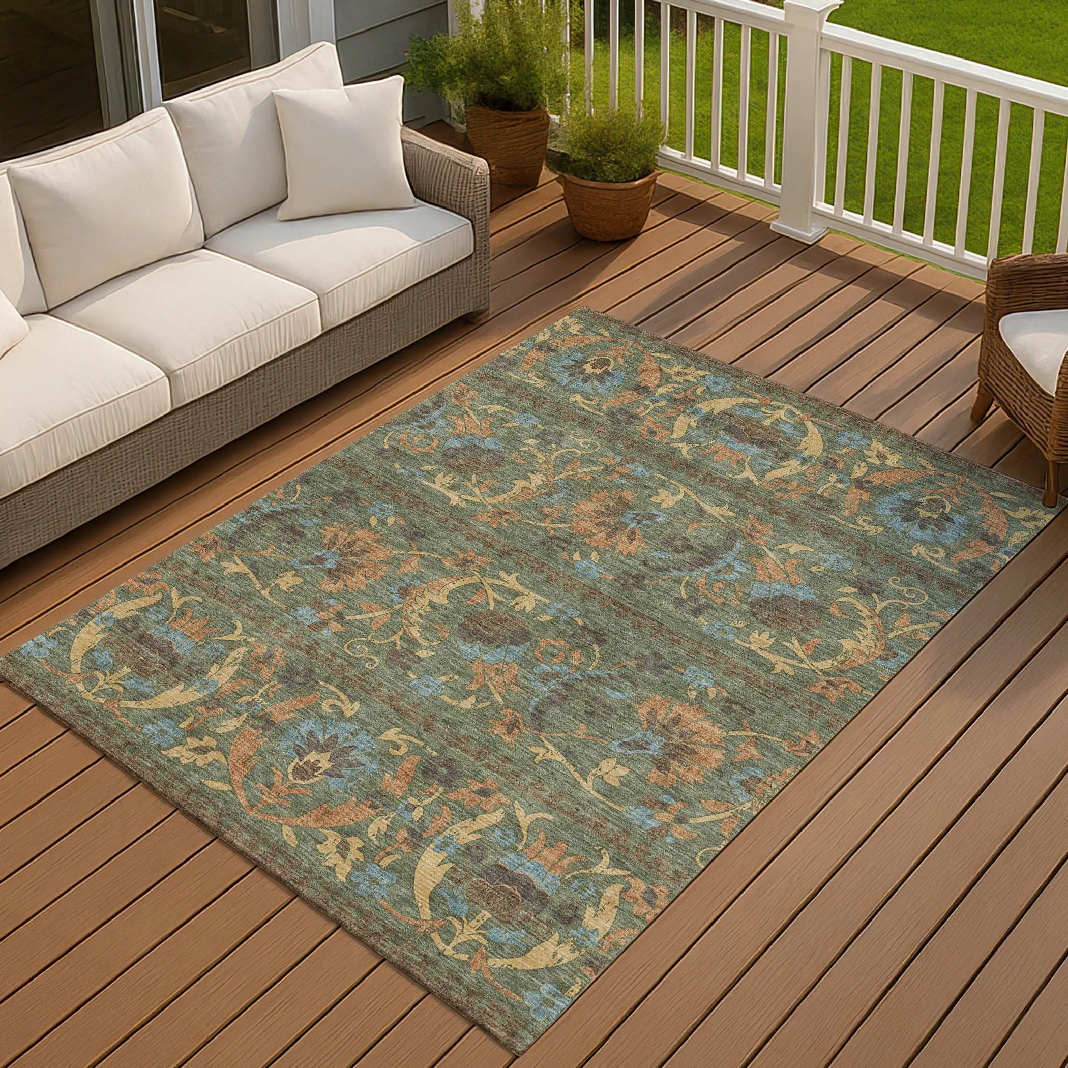 10' X 14' Green And Copper Floral Washable Indoor Outdoor Area Rug Homeroots Outdoor