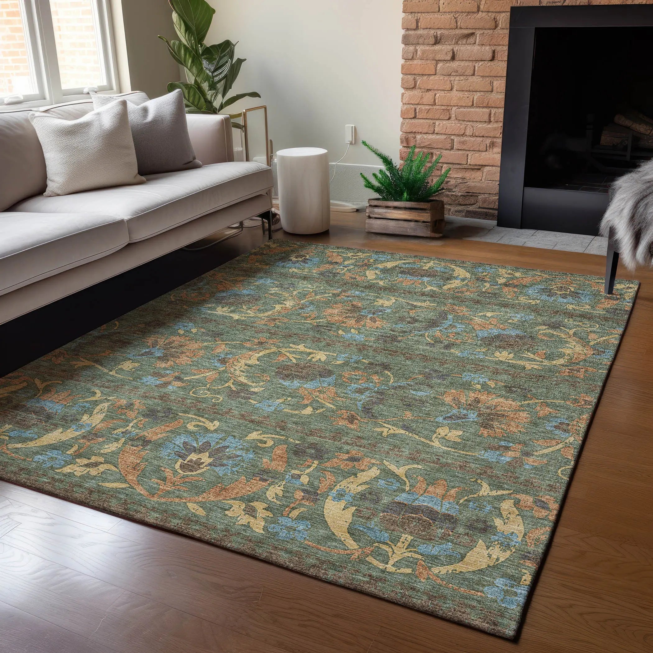 10' X 14' Green And Copper Floral Washable Indoor Outdoor Area Rug Homeroots Outdoor