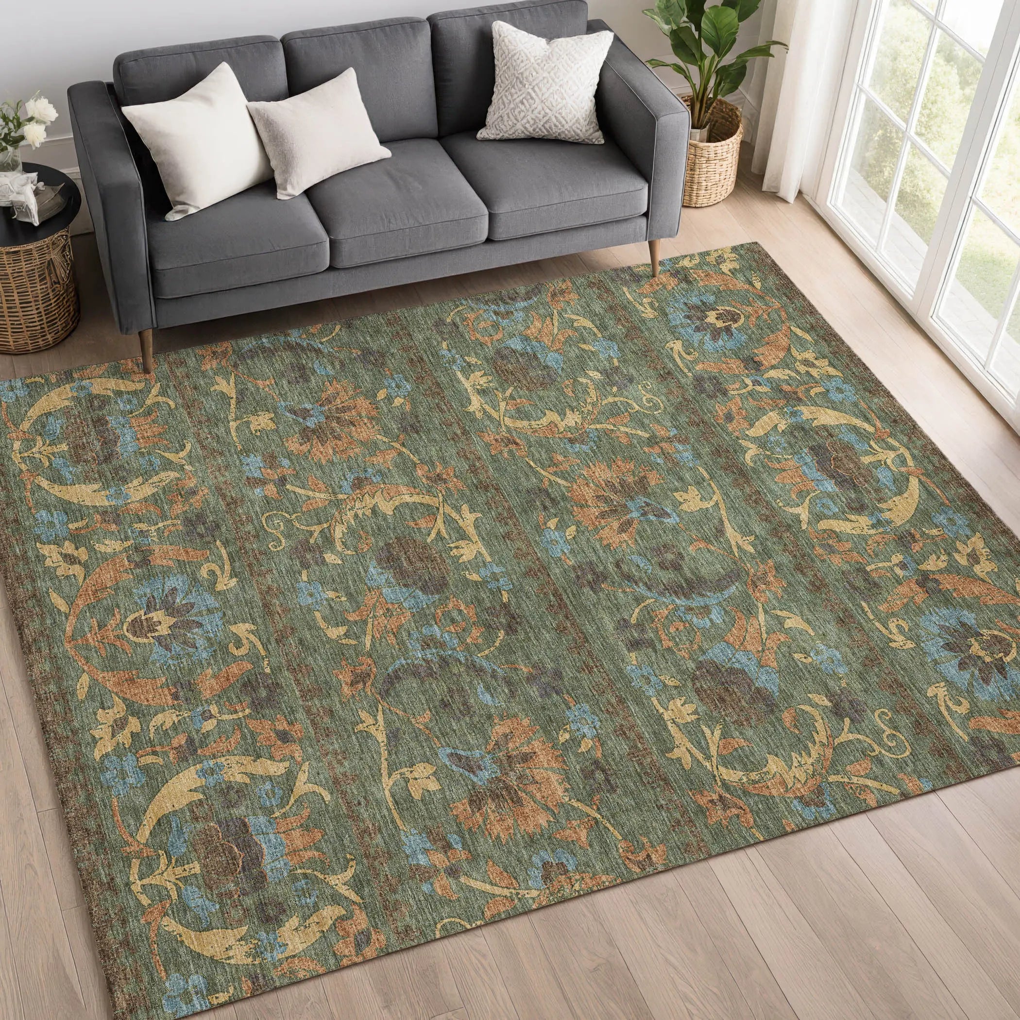 10' X 14' Green And Copper Floral Washable Indoor Outdoor Area Rug Homeroots Outdoor